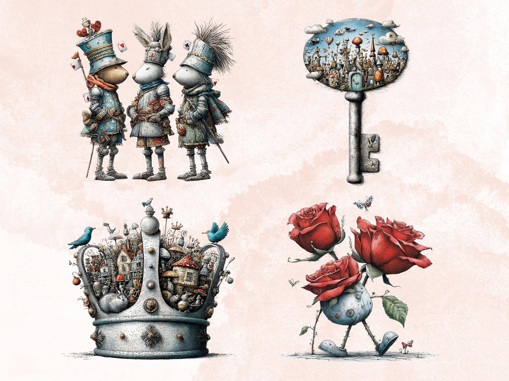 Quirky Alice in Wonderland Clipart: Whimsical Tea Party PNG Bundle, Fairytale Ephemera Digital Download, Commercial Use