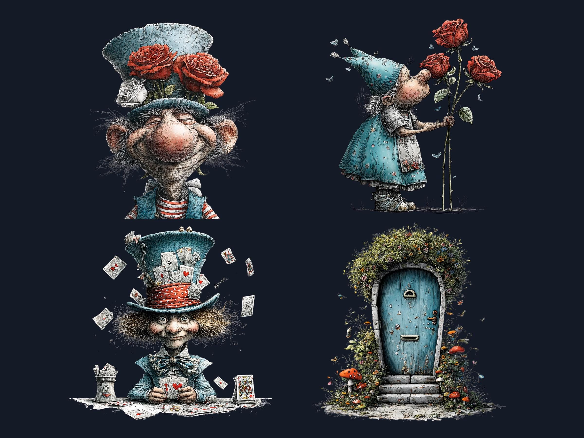 Quirky Alice in Wonderland Clipart: Whimsical Tea Party PNG Bundle, Fairytale Ephemera Digital Download, Commercial Use