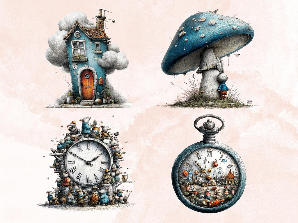 Quirky Alice in Wonderland Clipart: Whimsical Tea Party PNG Bundle, Fairytale Ephemera Digital Download, Commercial Use