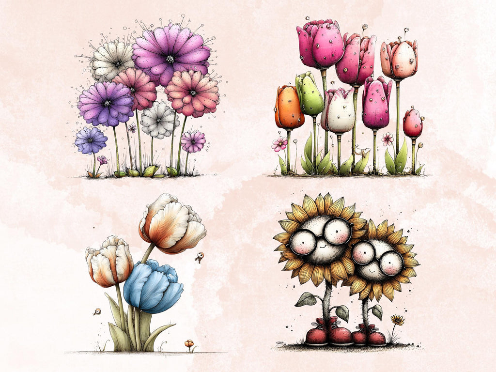 Quirky Flowers Clipart Bundle, Whimsical Spring Floral PNG Illustrations (Digital Download, Commercial Use)