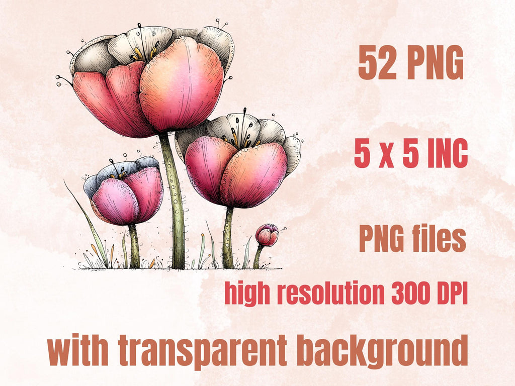 Quirky Flowers Clipart Bundle, Whimsical Spring Floral PNG Illustrations (Digital Download, Commercial Use)