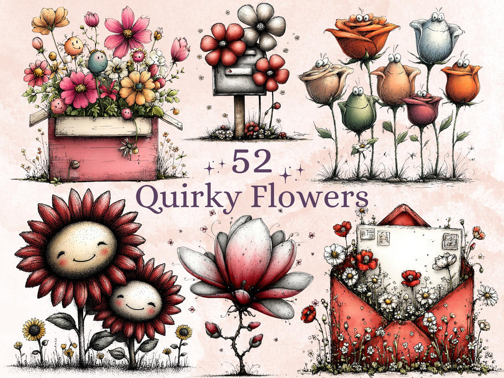 Quirky Flowers Clipart Bundle, Whimsical Spring Floral PNG Illustrations (Digital Download, Commercial Use)