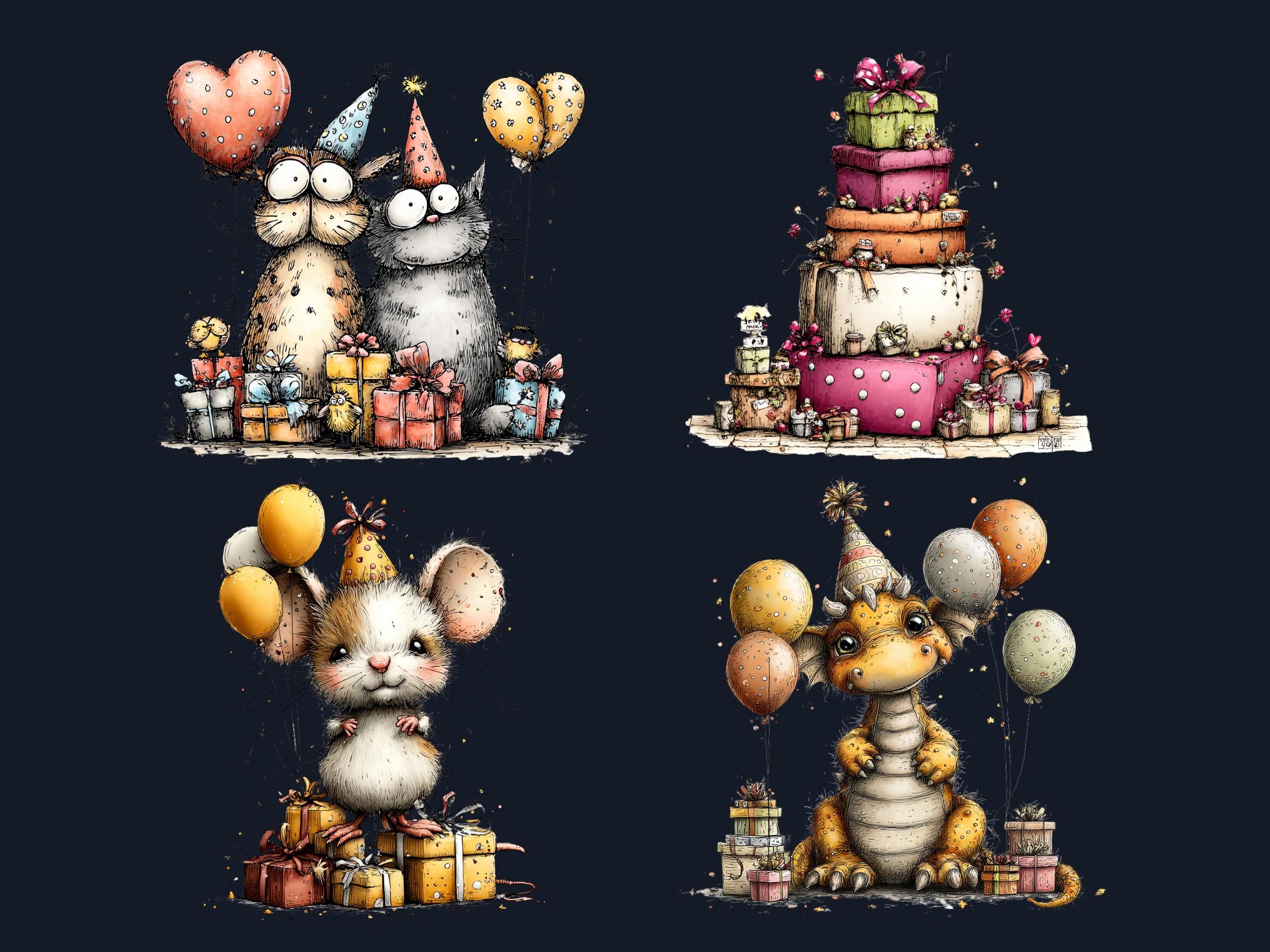 Quirky Birthday Clipart Bundle, Whimsical Party Animals PNG Illustrations (Digital Download, Commercial Use)