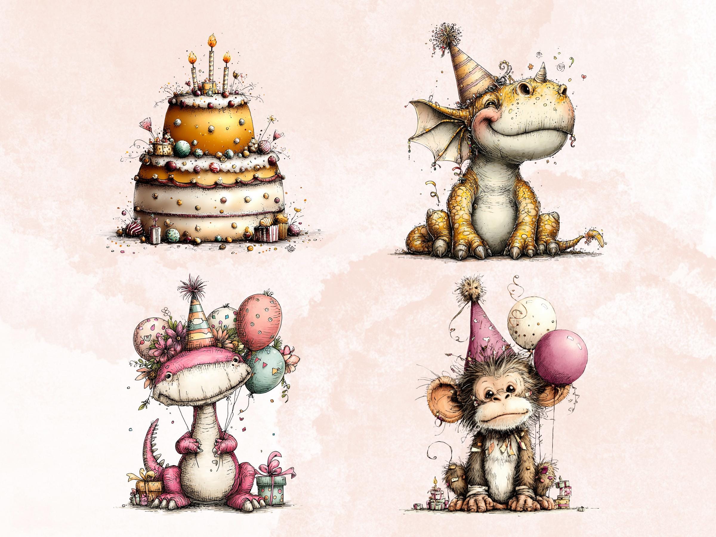 Quirky Birthday Clipart Bundle, Whimsical Party Animals PNG Illustrations (Digital Download, Commercial Use)