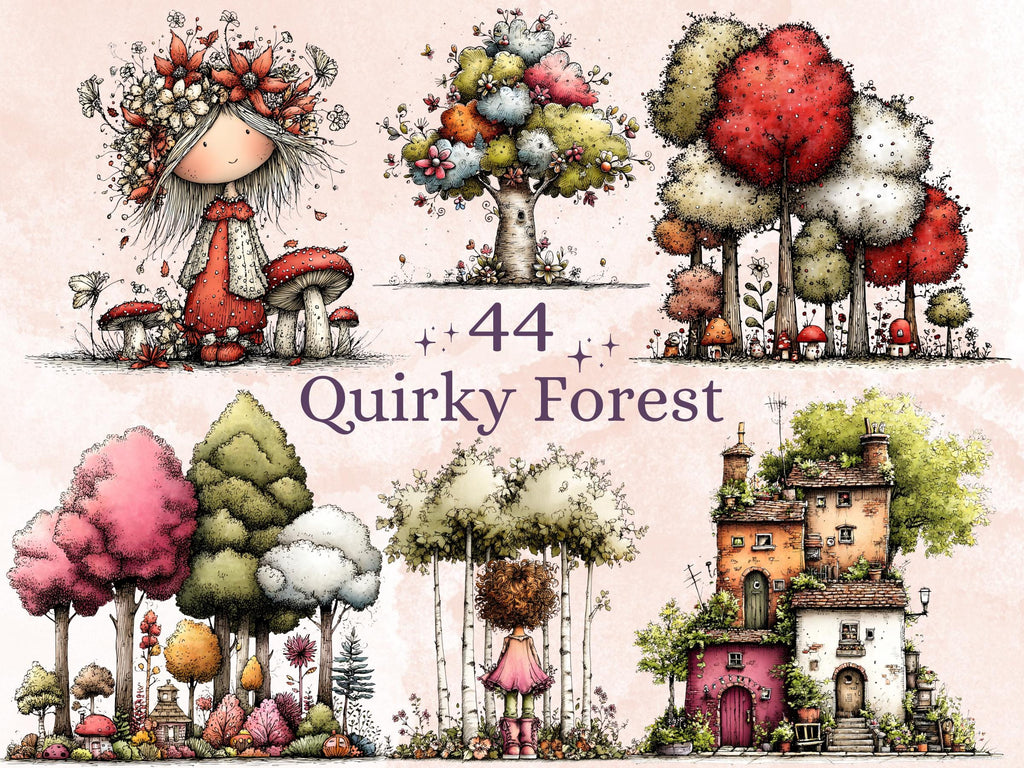 Quirky Forest Clipart Bundle, Whimsical Woodland Floral PNG Illustrations (Digital Download, Commercial Use)