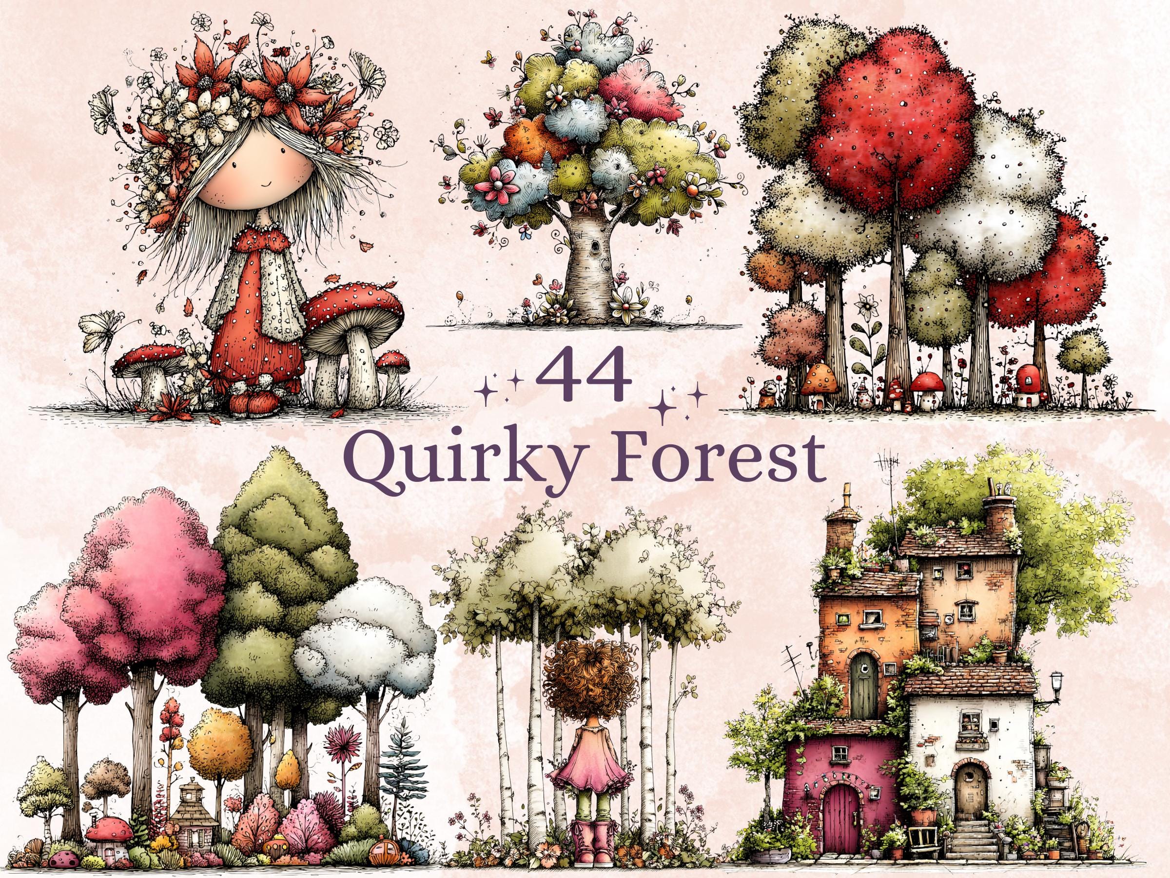 Quirky Forest Clipart Bundle, Whimsical Woodland Floral PNG Illustrations (Digital Download, Commercial Use)