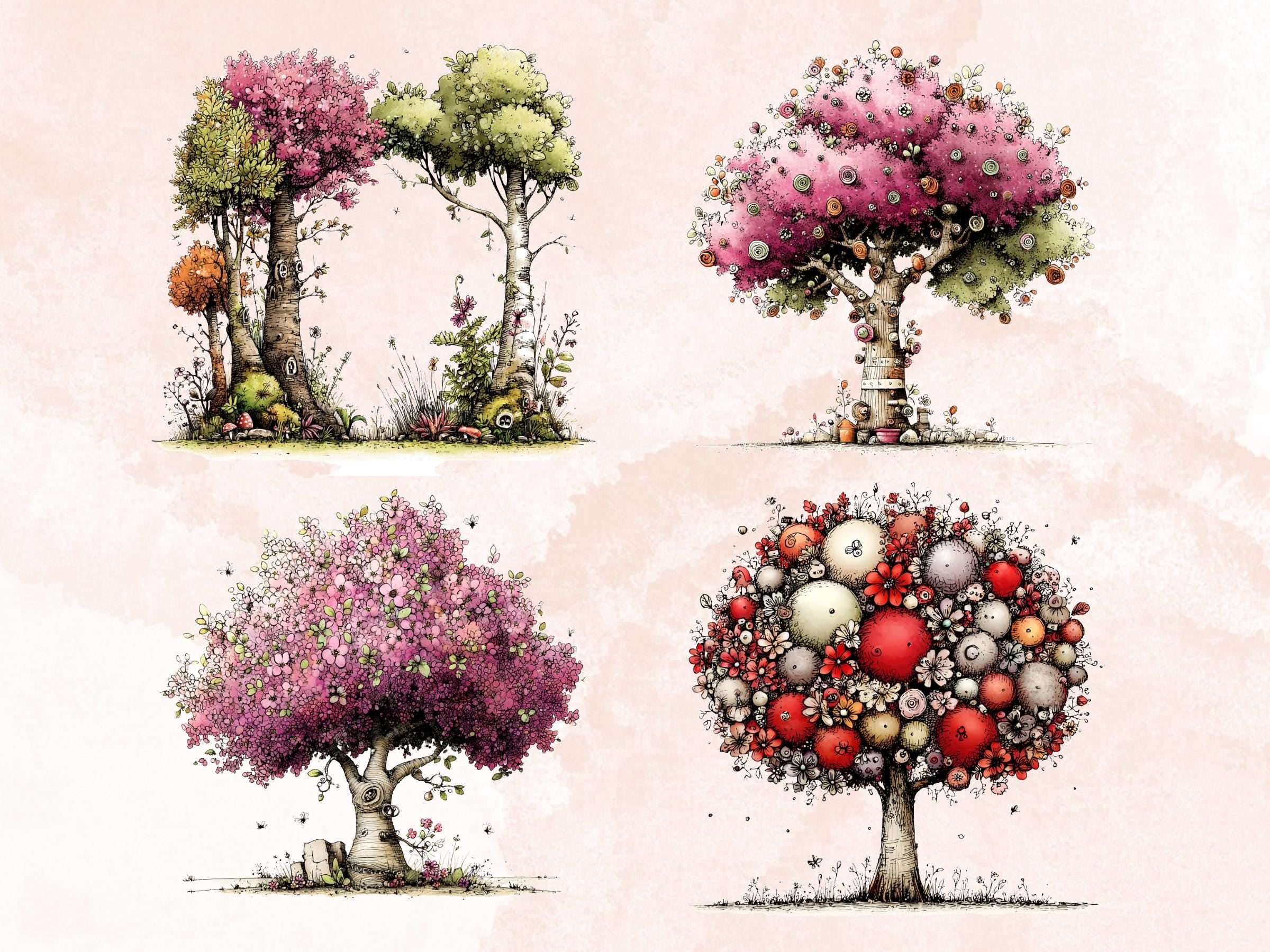 Quirky Forest Clipart Bundle, Whimsical Woodland Floral PNG Illustrations (Digital Download, Commercial Use)