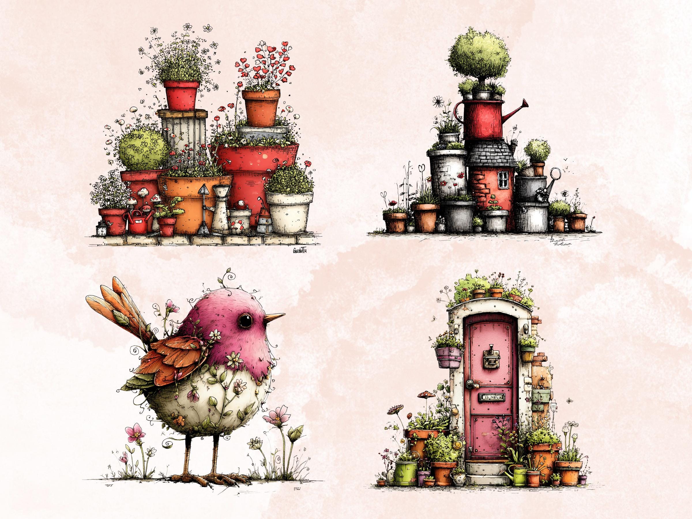 Quirky Garden Clipart Bundle, Whimsical Gardening Floral PNG Illustrations (Digital Download, Commercial Use)