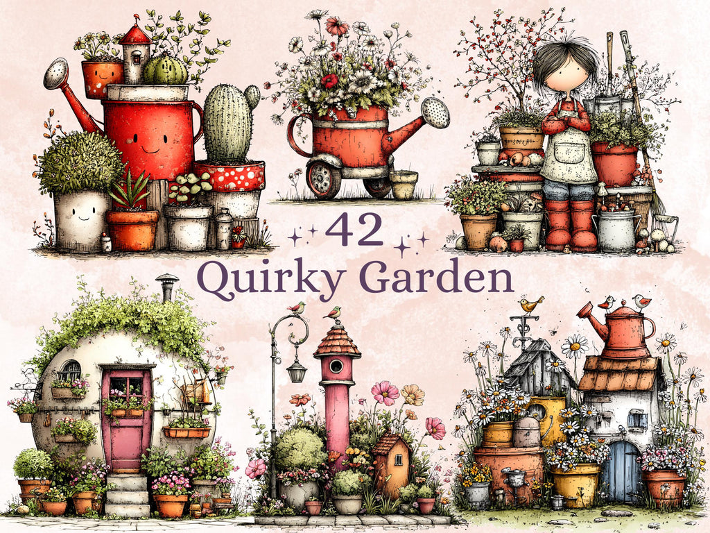 Quirky Garden Clipart Bundle, Whimsical Gardening Floral PNG Illustrations (Digital Download, Commercial Use)