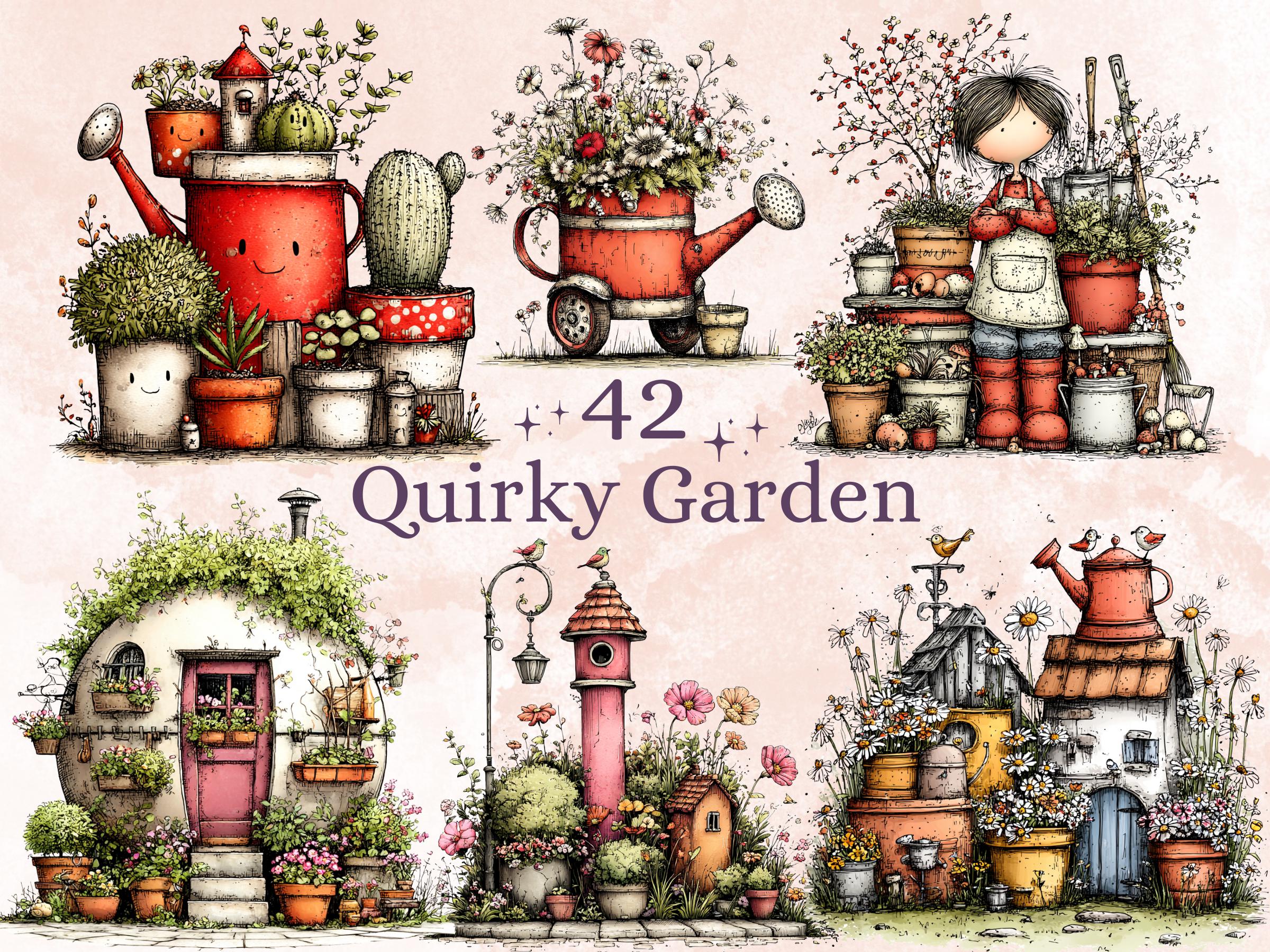 Quirky Garden Clipart Bundle, Whimsical Gardening Floral PNG Illustrations (Digital Download, Commercial Use)