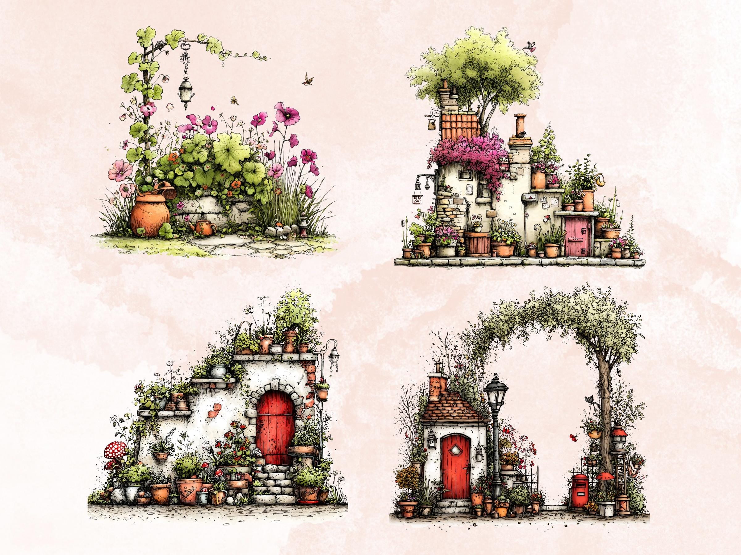Quirky Garden Clipart Bundle, Whimsical Gardening Floral PNG Illustrations (Digital Download, Commercial Use)