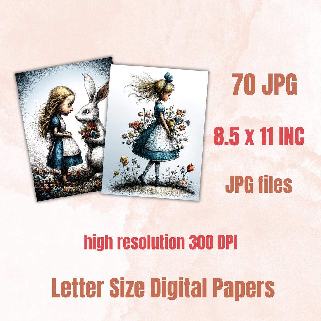Quirky Alice Junk Journal Kit, Wonderland Collage Paper, Whimsical Paper, Fairytale Journal,  Fantasy Ephemera, Vintage Papers, Scrapbooking