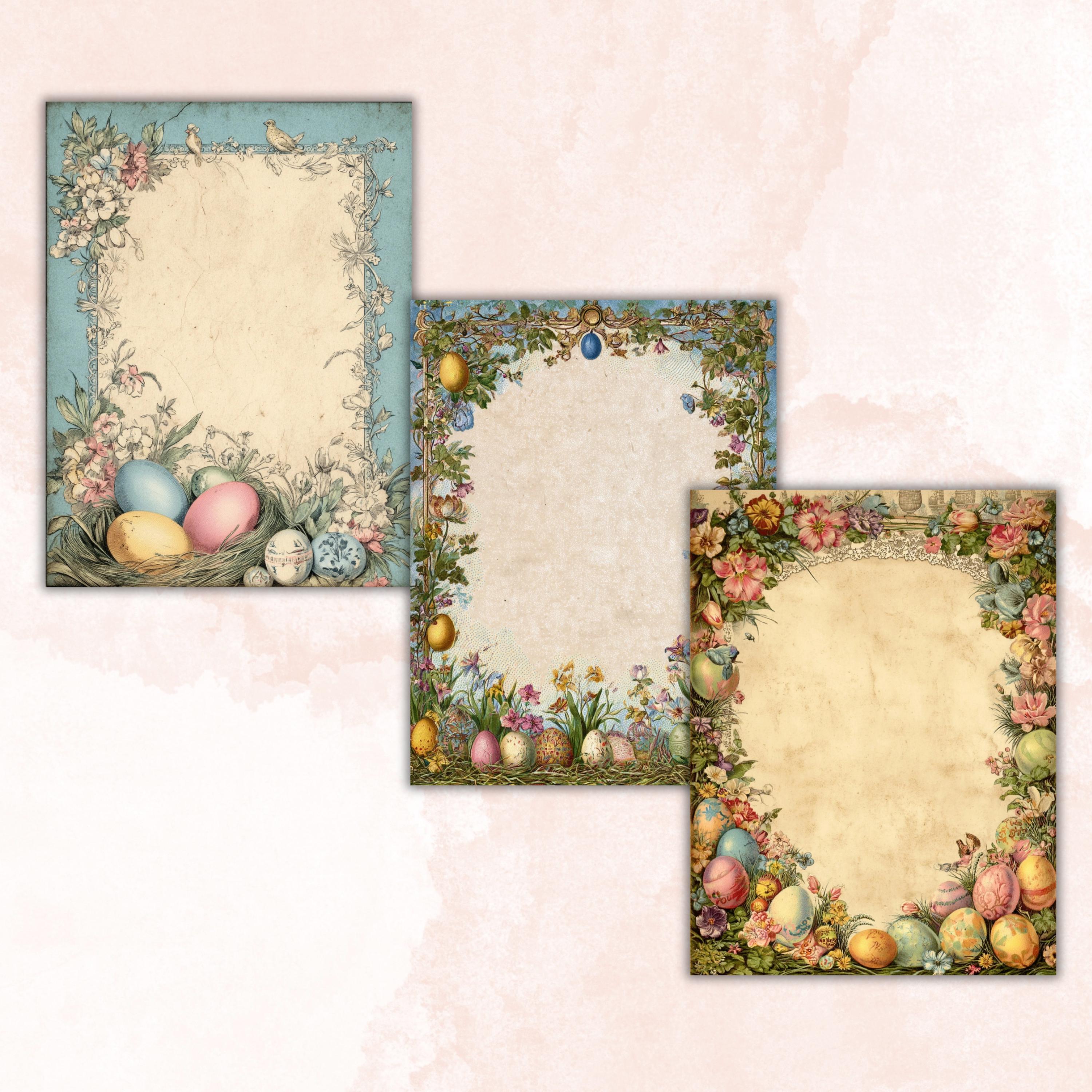 Easter Border Junk Journal Pages, Floral Spring Collage Paper, Spring Frame Backgrounds,  Garden Ephemera, Vintage Papers, Scrapbooking