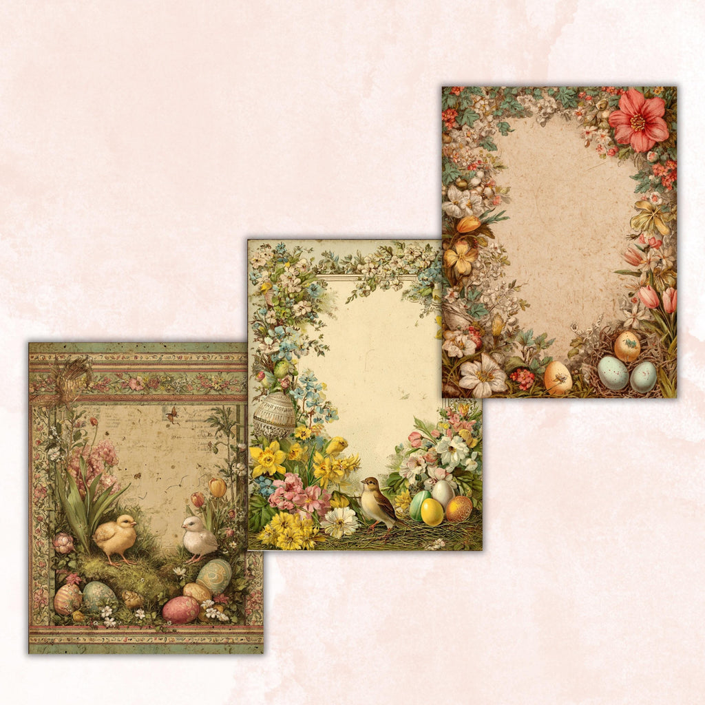 Easter Border Junk Journal Pages, Floral Spring Collage Paper, Spring Frame Backgrounds,  Garden Ephemera, Vintage Papers, Scrapbooking