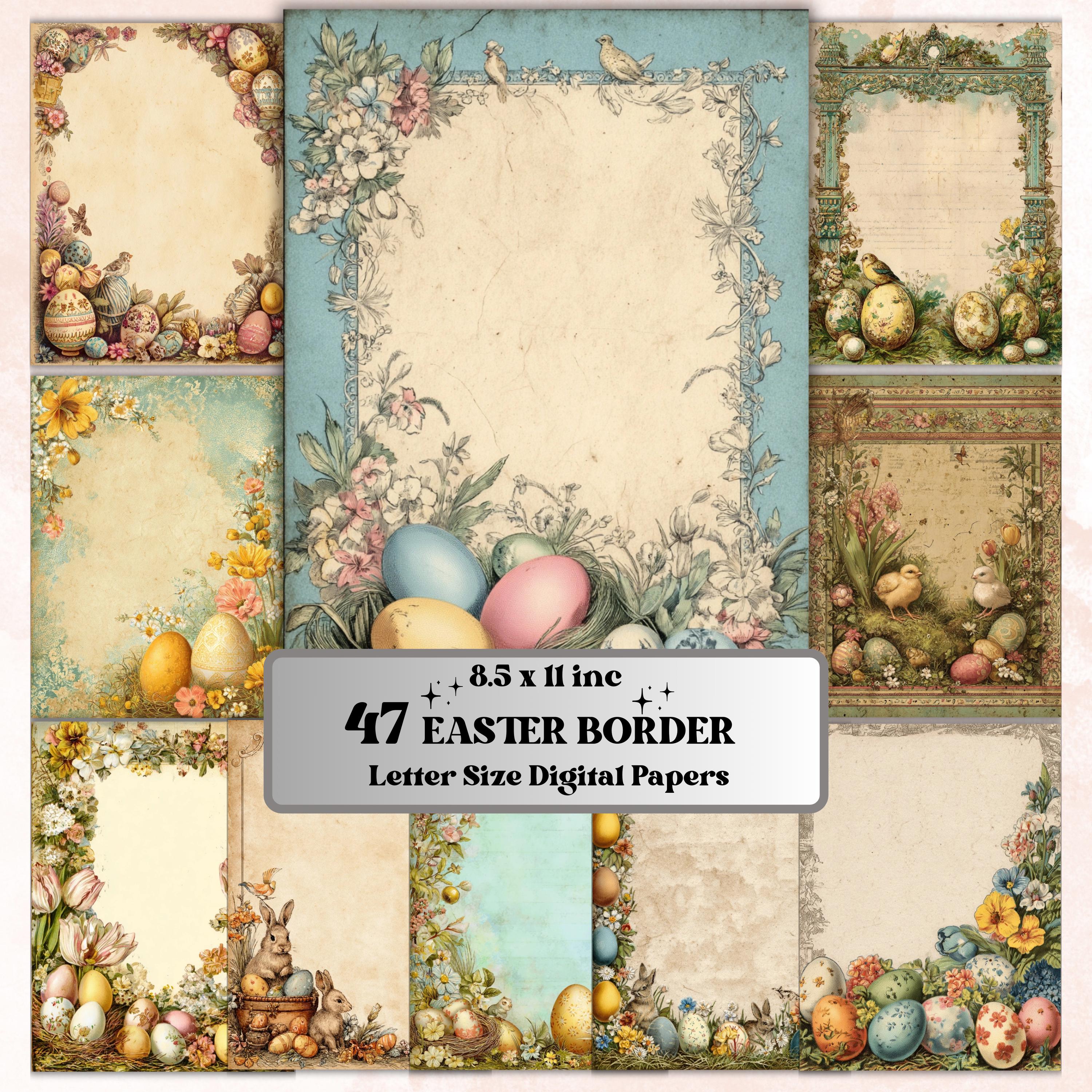 Easter Border Junk Journal Pages, Floral Spring Collage Paper, Spring Frame Backgrounds,  Garden Ephemera, Vintage Papers, Scrapbooking