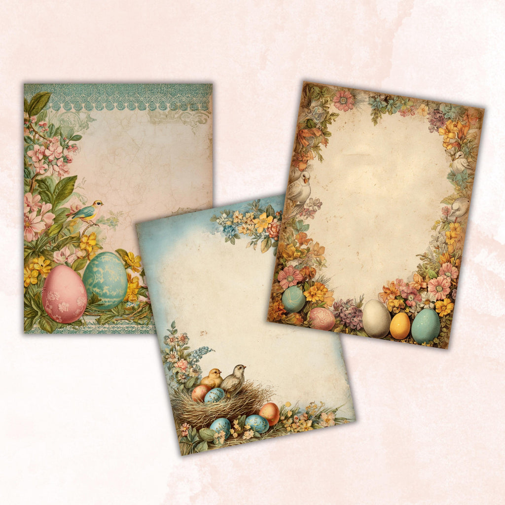 Easter Border Junk Journal Pages, Floral Spring Collage Paper, Spring Frame Backgrounds,  Garden Ephemera, Vintage Papers, Scrapbooking