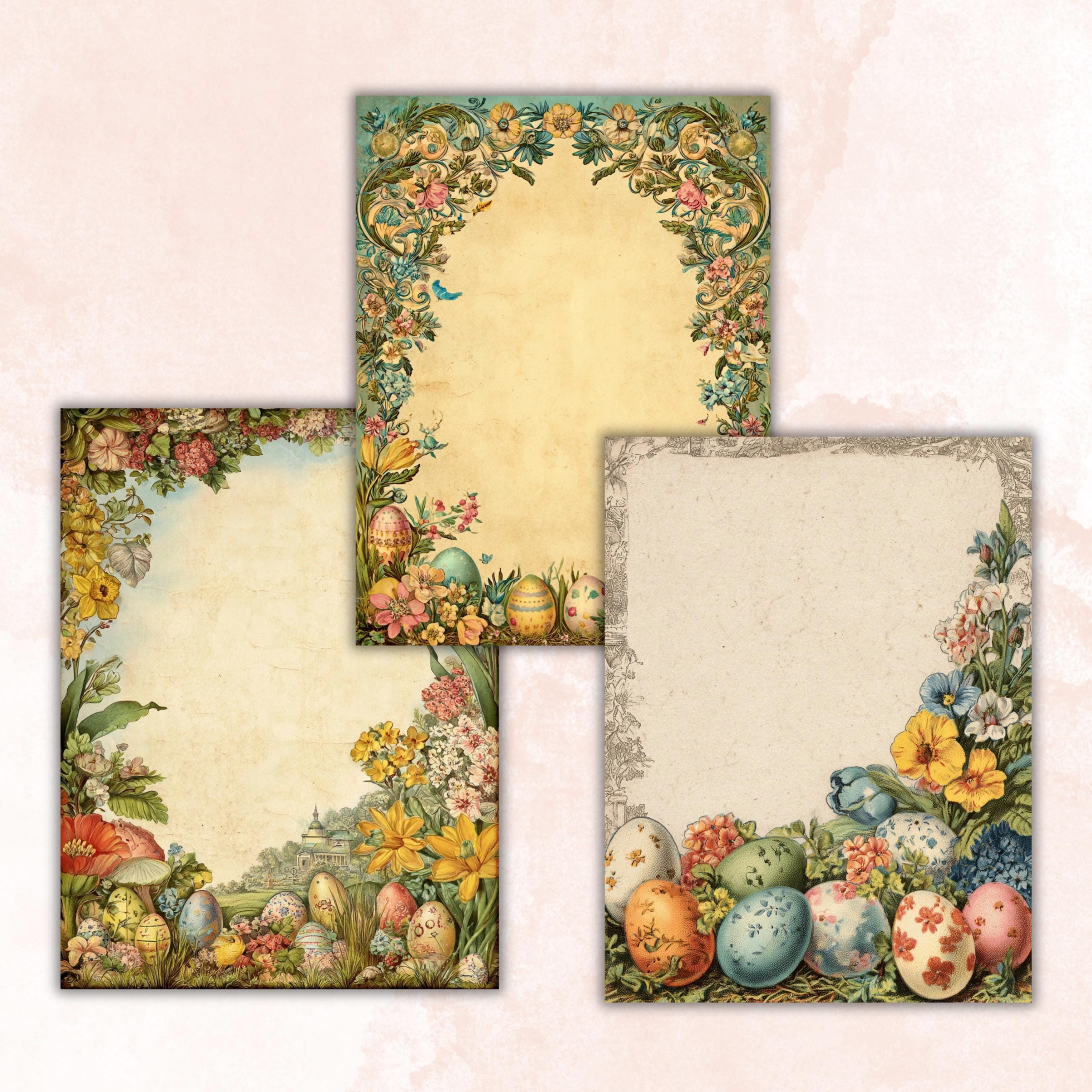 Easter Border Junk Journal Pages, Floral Spring Collage Paper, Spring Frame Backgrounds,  Garden Ephemera, Vintage Papers, Scrapbooking