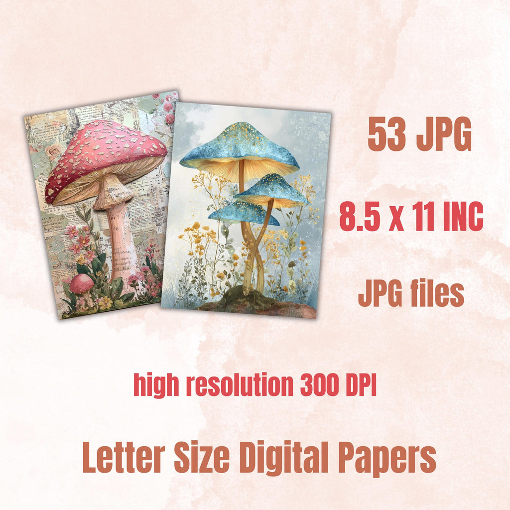 Magical Mushroom Junk Journal Pages, Fantasy Forest Backgrounds, Woodland Ephemera Collage Paper, Scrapbooking, Instant Printable Download