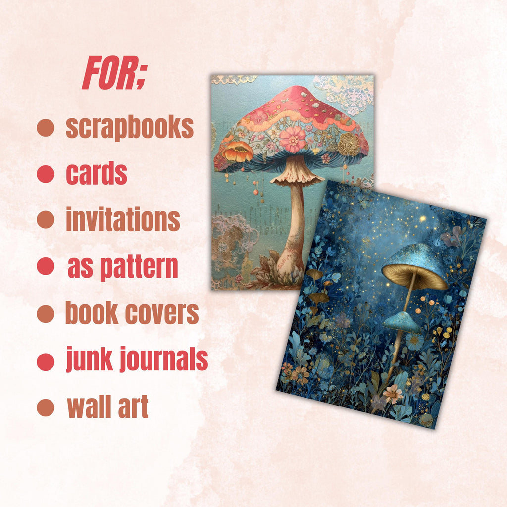 Magical Mushroom Junk Journal Pages, Fantasy Forest Backgrounds, Woodland Ephemera Collage Paper, Scrapbooking, Instant Printable Download