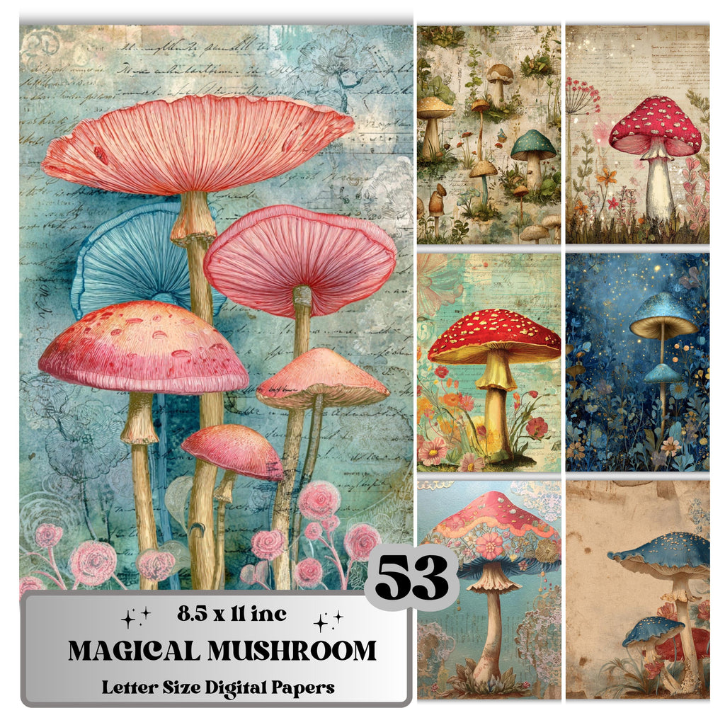 Magical Mushroom Junk Journal Pages, Fantasy Forest Backgrounds, Woodland Ephemera Collage Paper, Scrapbooking, Instant Printable Download
