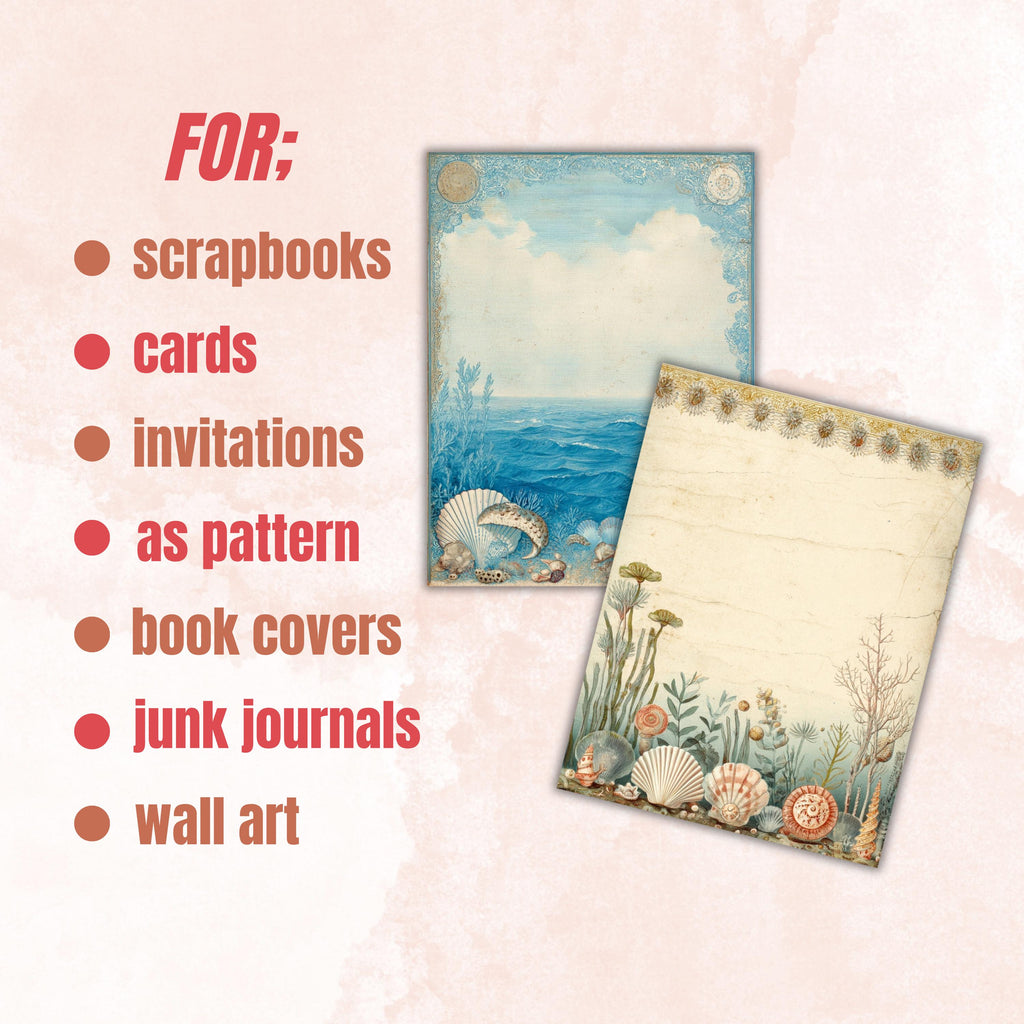 Ocean Border Junk Journal Pages, Sea Frame Backgrounds, Underwater Ephemera Collage Paper, Scrapbook Papers, Instant Printable Download