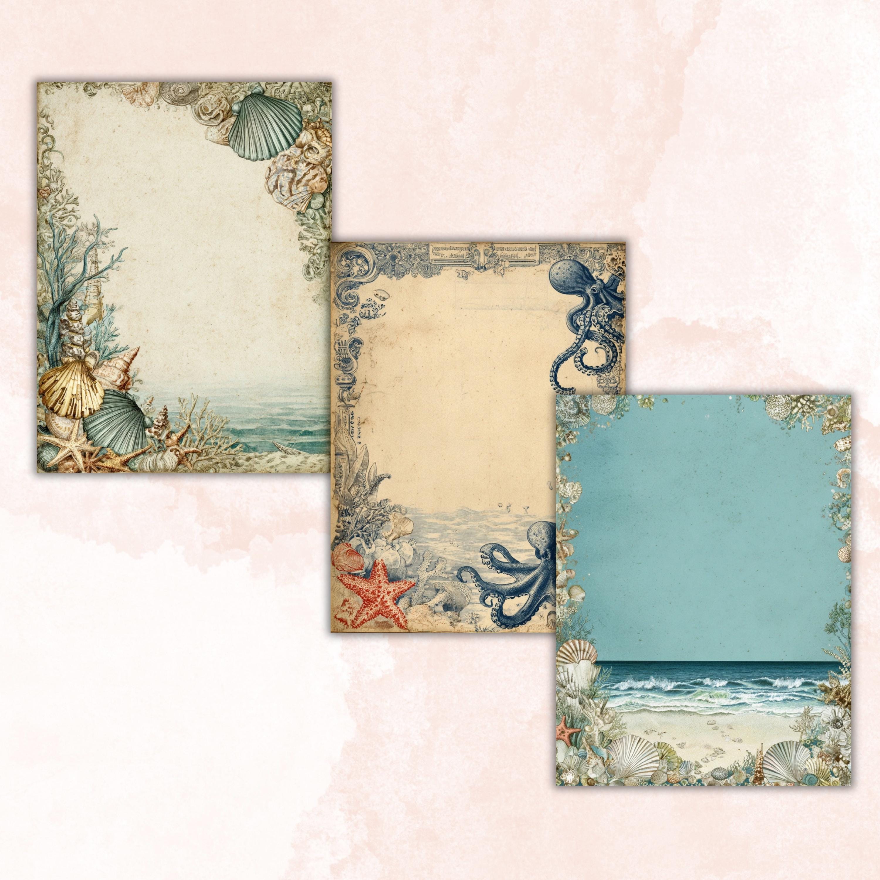 Ocean Border Junk Journal Pages, Sea Frame Backgrounds, Underwater Ephemera Collage Paper, Scrapbook Papers, Instant Printable Download