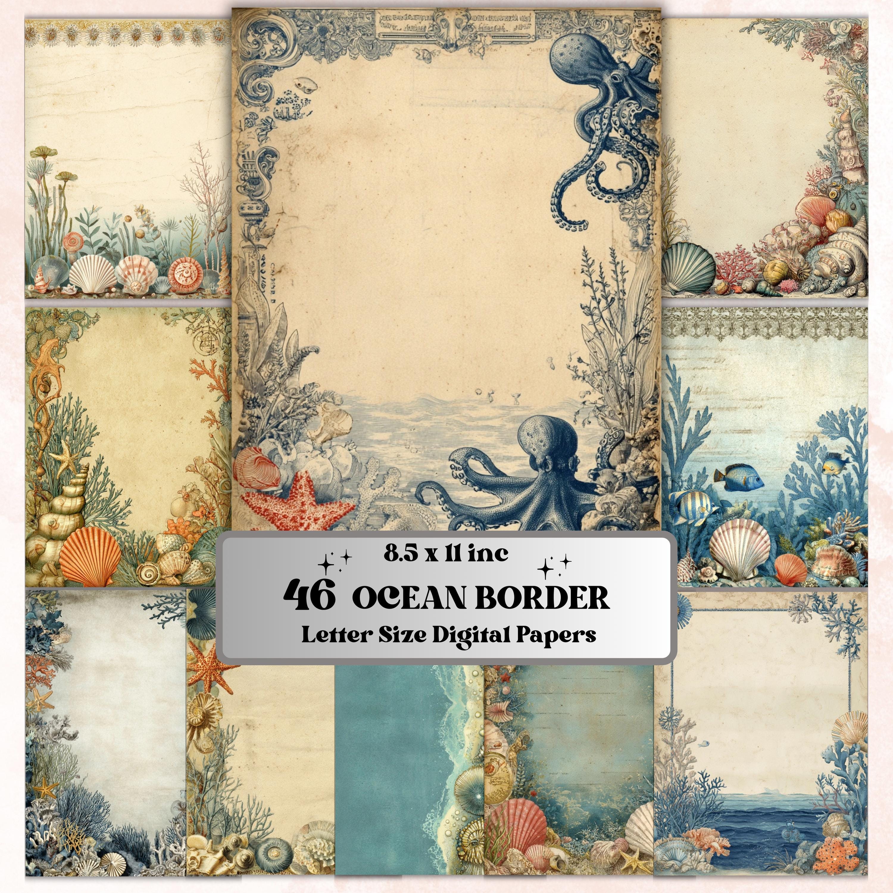 Ocean Border Junk Journal Pages, Sea Frame Backgrounds, Underwater Ephemera Collage Paper, Scrapbook Papers, Instant Printable Download