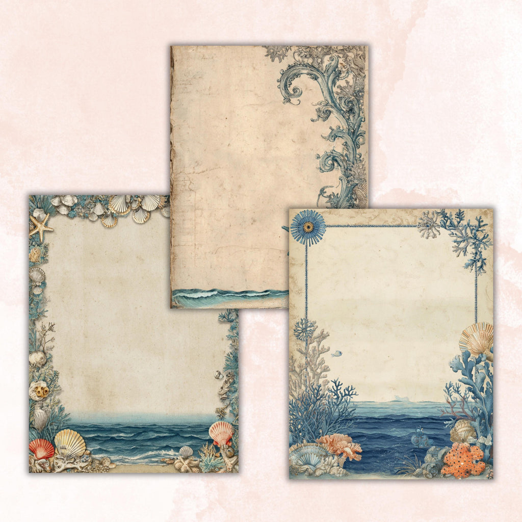 Ocean Border Junk Journal Pages, Sea Frame Backgrounds, Underwater Ephemera Collage Paper, Scrapbook Papers, Instant Printable Download