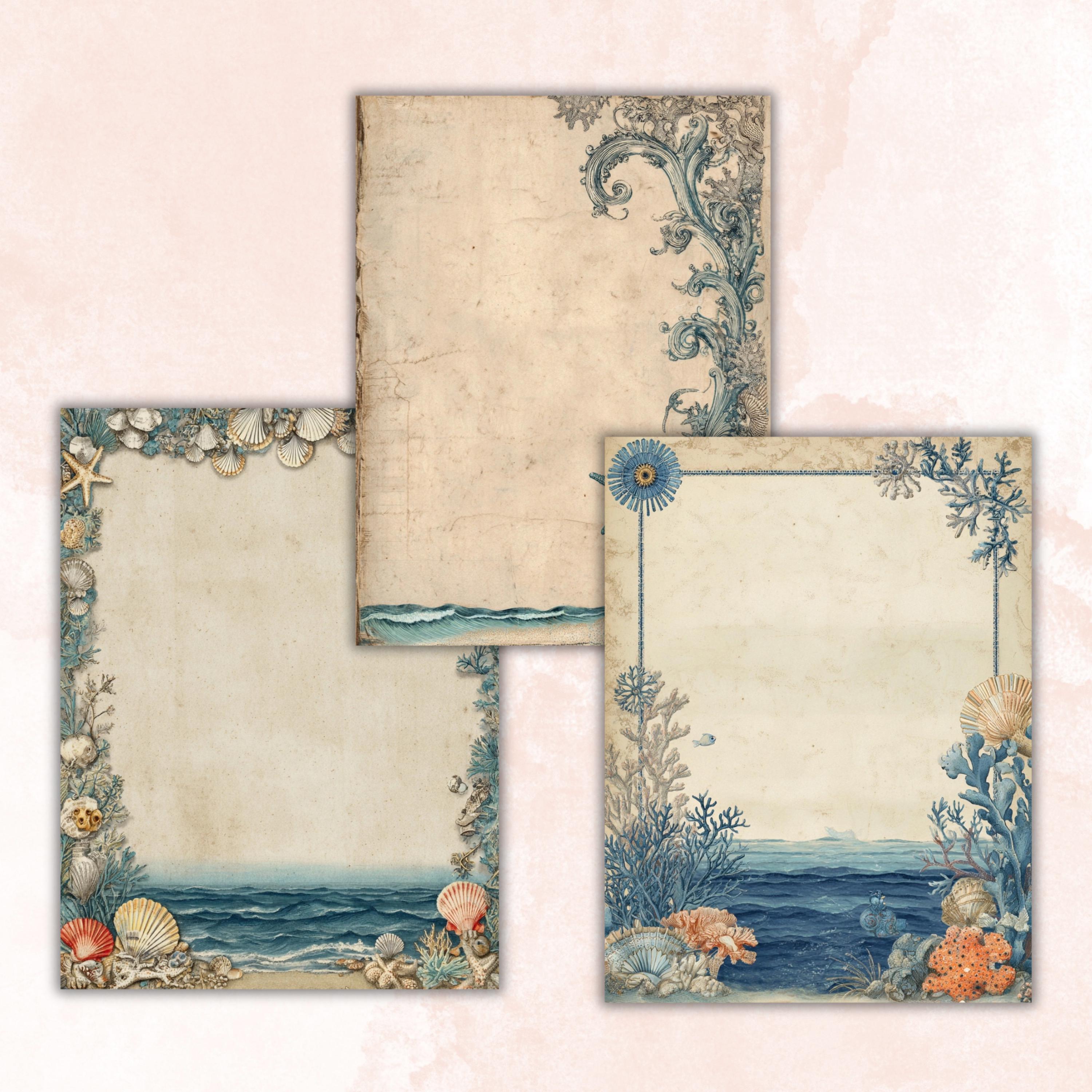 Ocean Border Junk Journal Pages, Sea Frame Backgrounds, Underwater Ephemera Collage Paper, Scrapbook Papers, Instant Printable Download