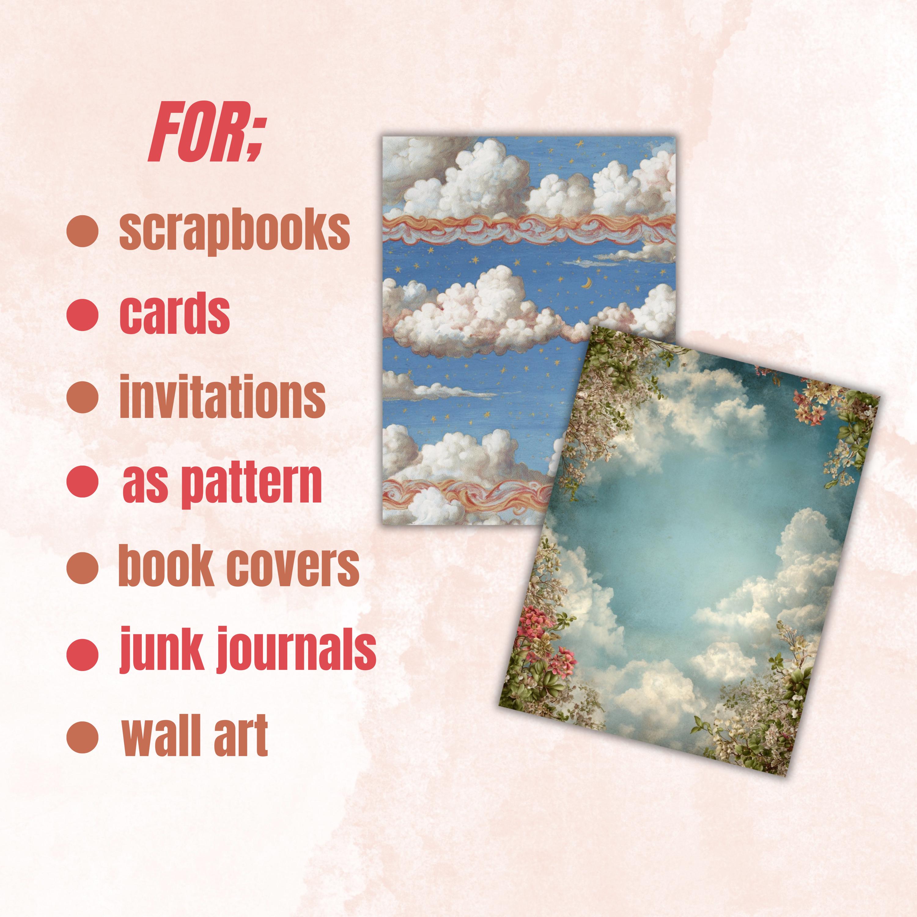 Sky Border Junk Journal Pages, Cloud Frame Backgrounds, Celestial Ephemera Collage Paper, Scrapbook Papers, Instant Printable Download