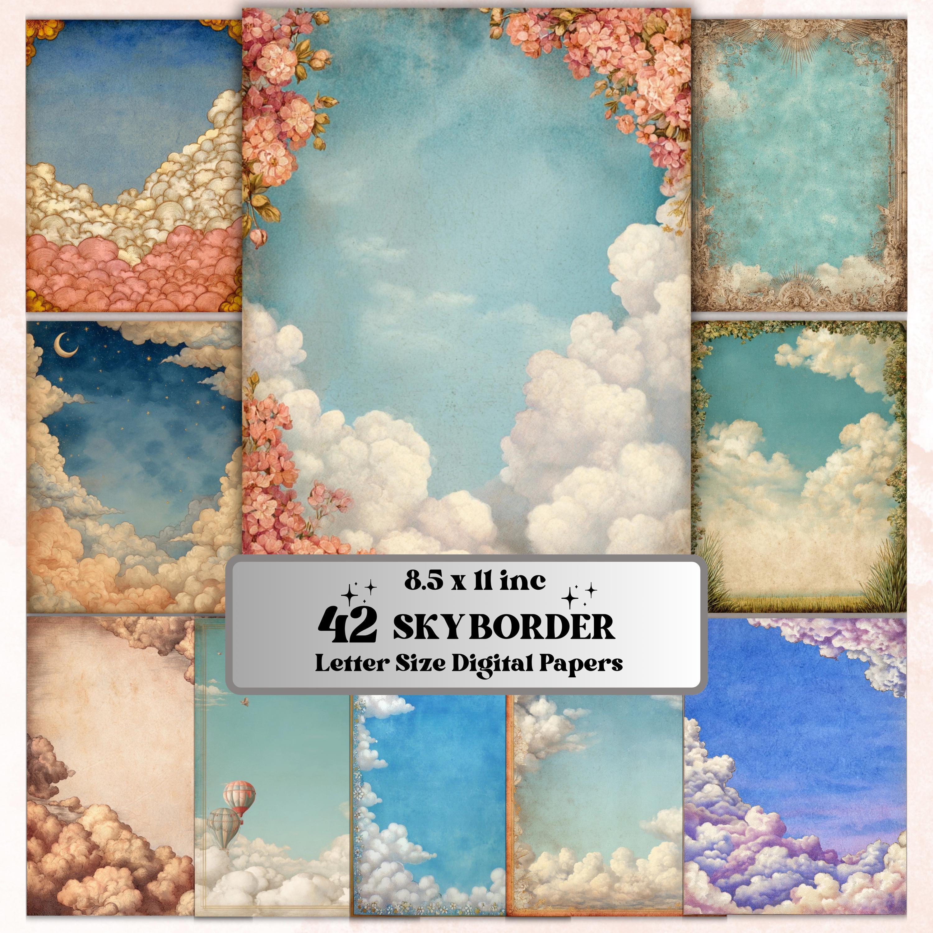 Sky Border Junk Journal Pages, Cloud Frame Backgrounds, Celestial Ephemera Collage Paper, Scrapbook Papers, Instant Printable Download