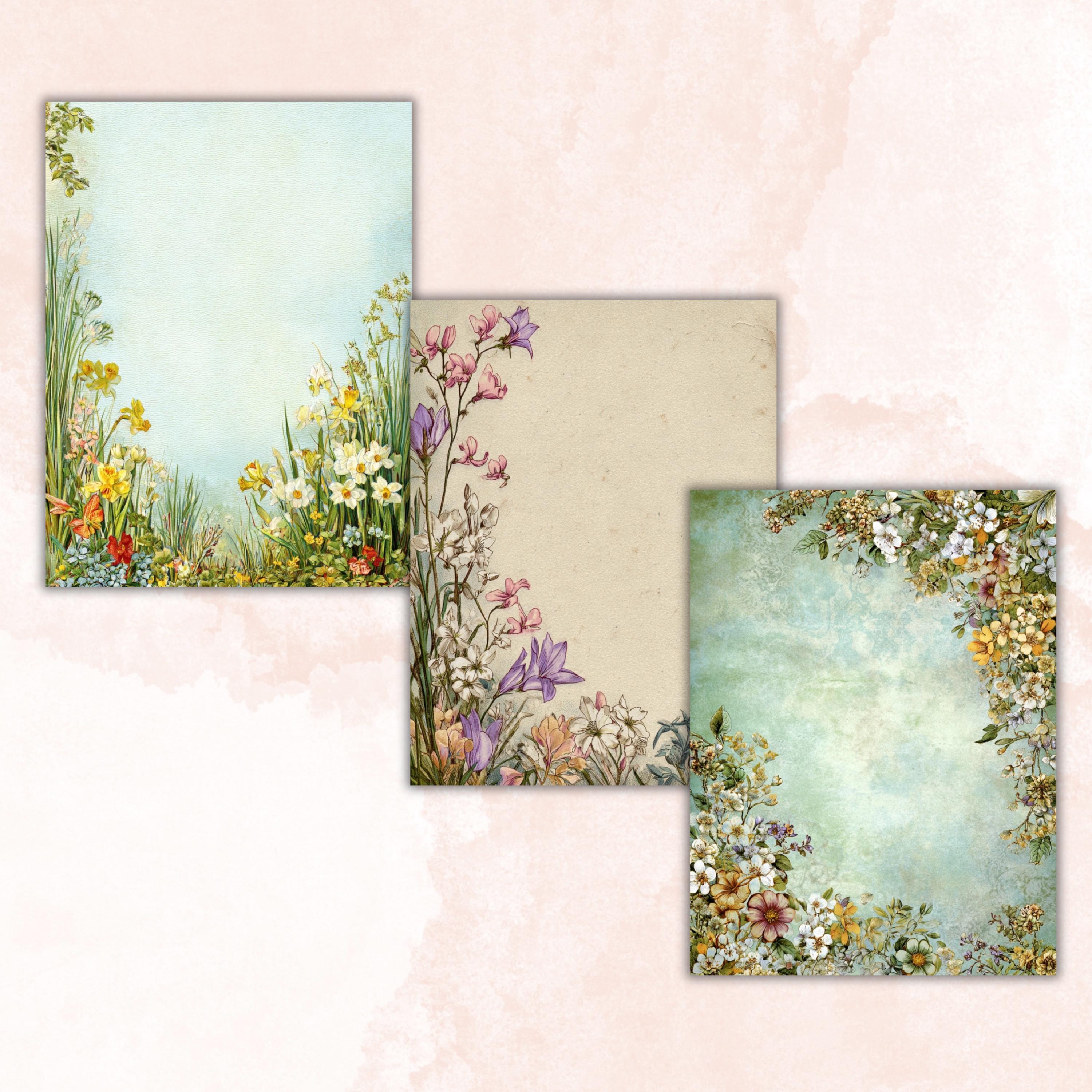 Spring Border Junk Journal Pages, Floral Easter Collage Paper, Spring Frame Backgrounds,  Garden Ephemera, Vintage Papers, Scrapbooking
