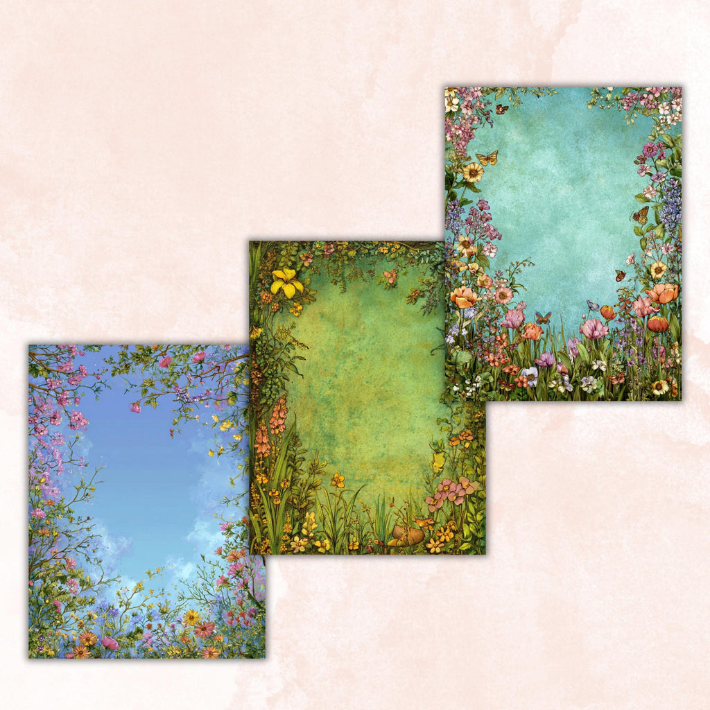 Spring Border Junk Journal Pages, Floral Easter Collage Paper, Spring Frame Backgrounds,  Garden Ephemera, Vintage Papers, Scrapbooking