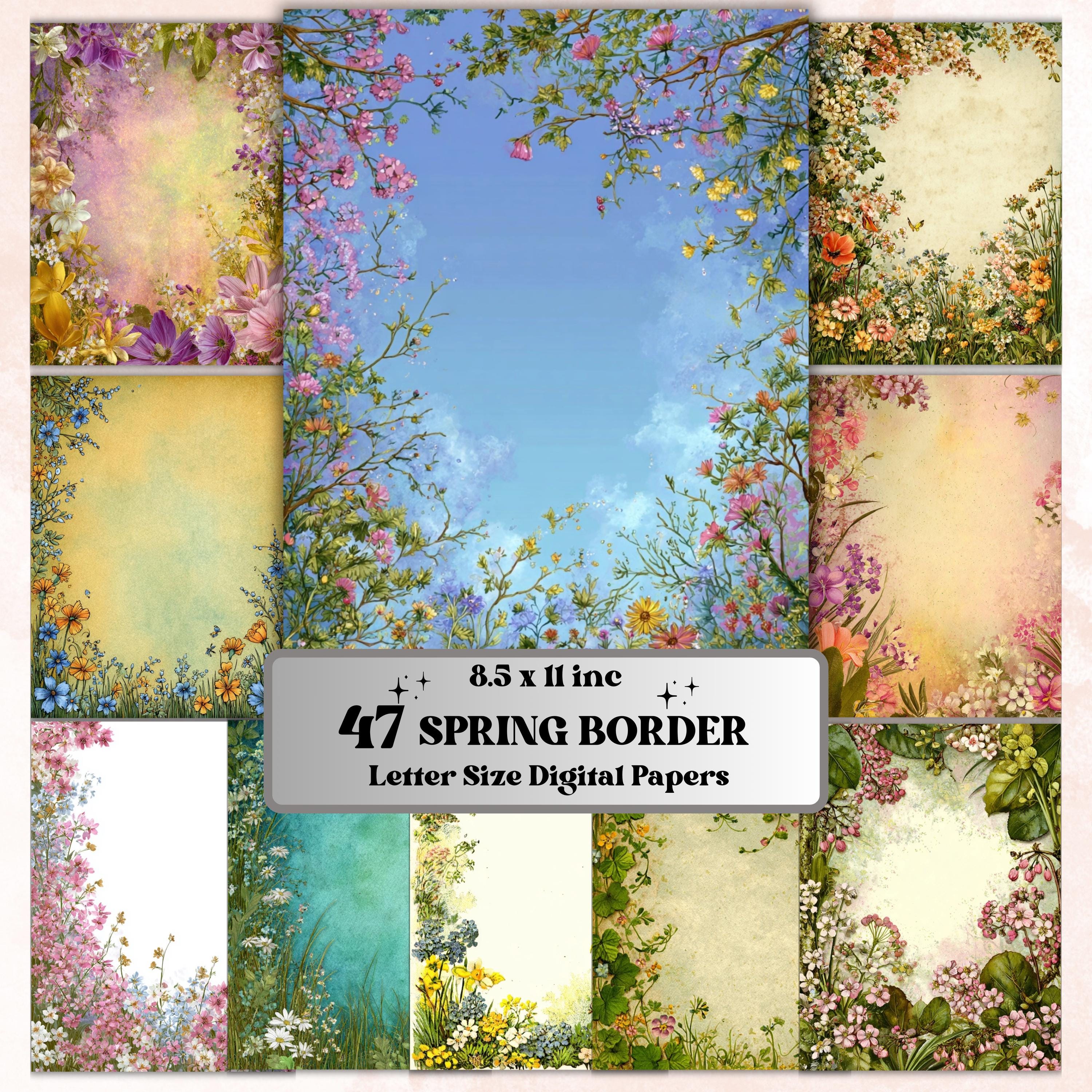 Spring Border Junk Journal Pages, Floral Easter Collage Paper, Spring Frame Backgrounds,  Garden Ephemera, Vintage Papers, Scrapbooking
