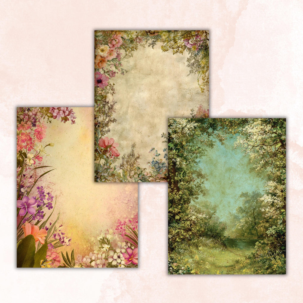 Spring Border Junk Journal Pages, Floral Easter Collage Paper, Spring Frame Backgrounds,  Garden Ephemera, Vintage Papers, Scrapbooking