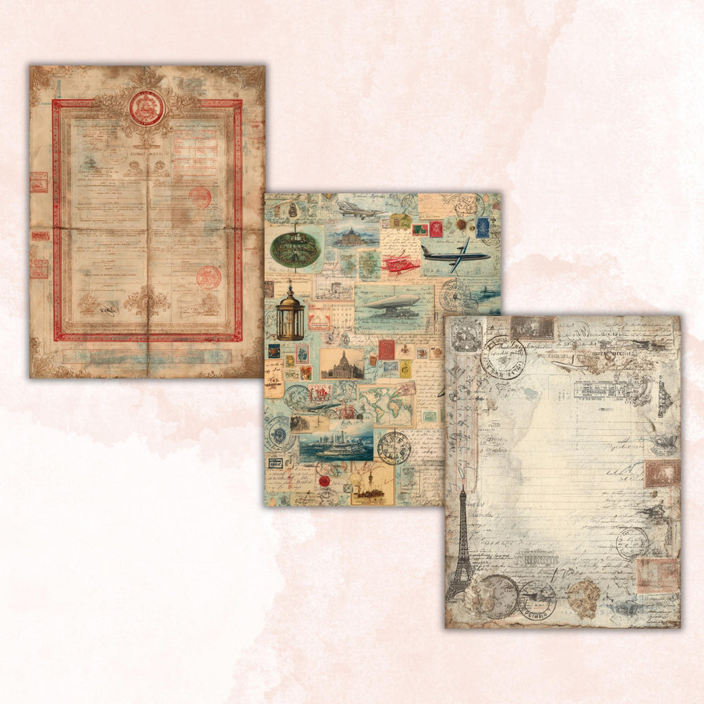 Travel Documentary Junk Journal Pages, Wanderlust Backgrounds, Adventure Ephemera Collage Paper, Scrapbooking, Instant Printable Download