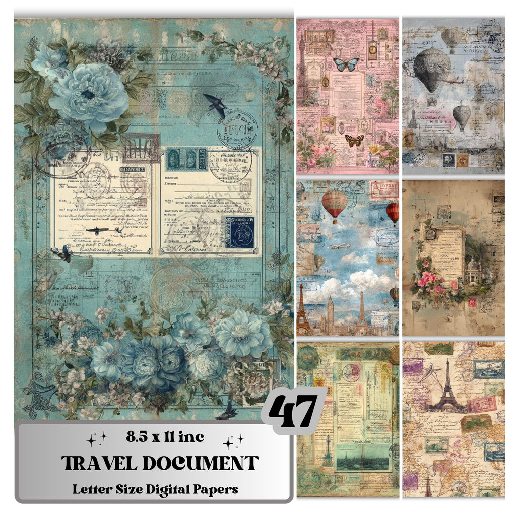 Travel Documentary Junk Journal Pages, Wanderlust Backgrounds, Adventure Ephemera Collage Paper, Scrapbooking, Instant Printable Download