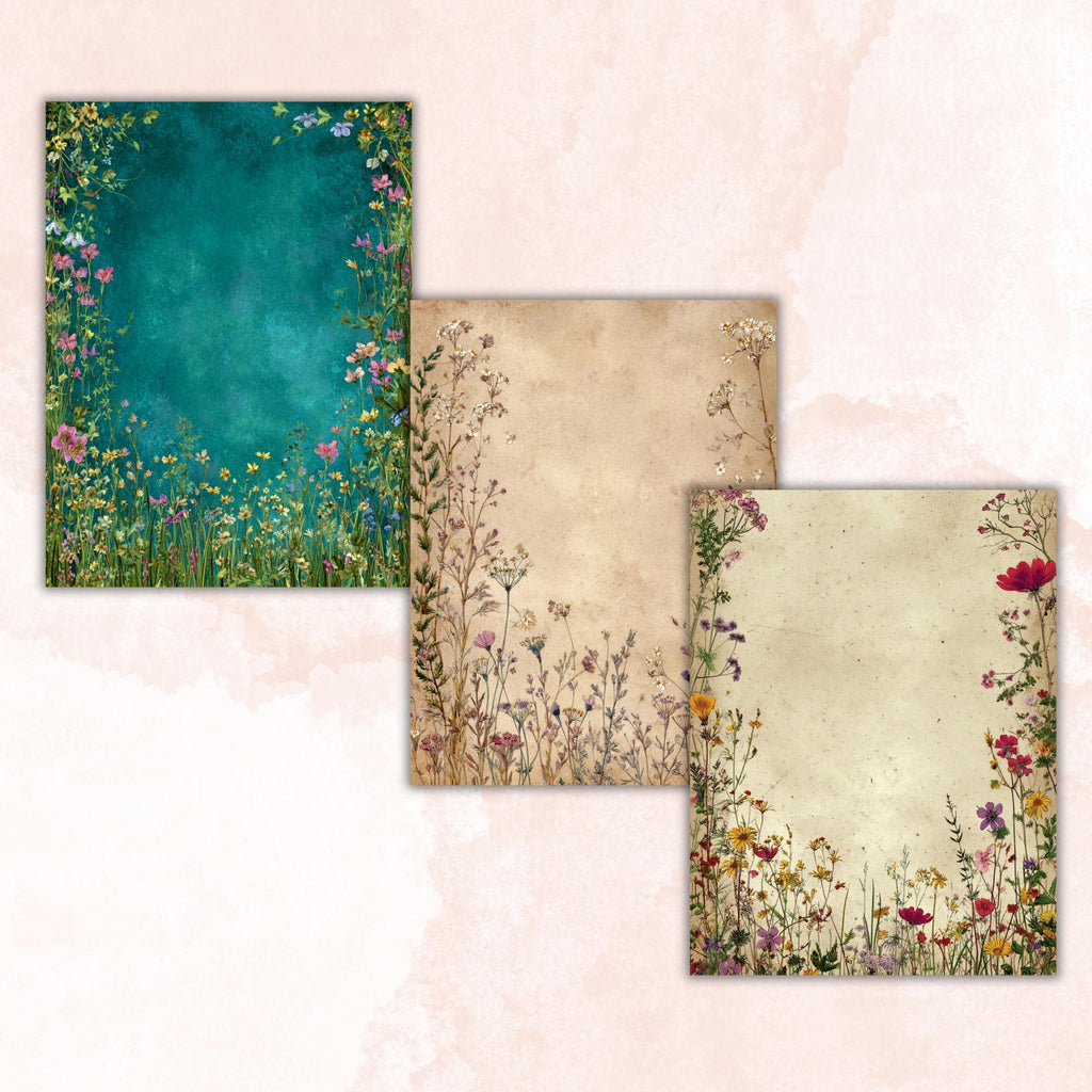 Wildflowers Border Junk Journal Pages, Floral Meadow Collage Paper, Spring Frame Backgrounds,  Garden Ephemera, Vintage Papers, Scrapbooking