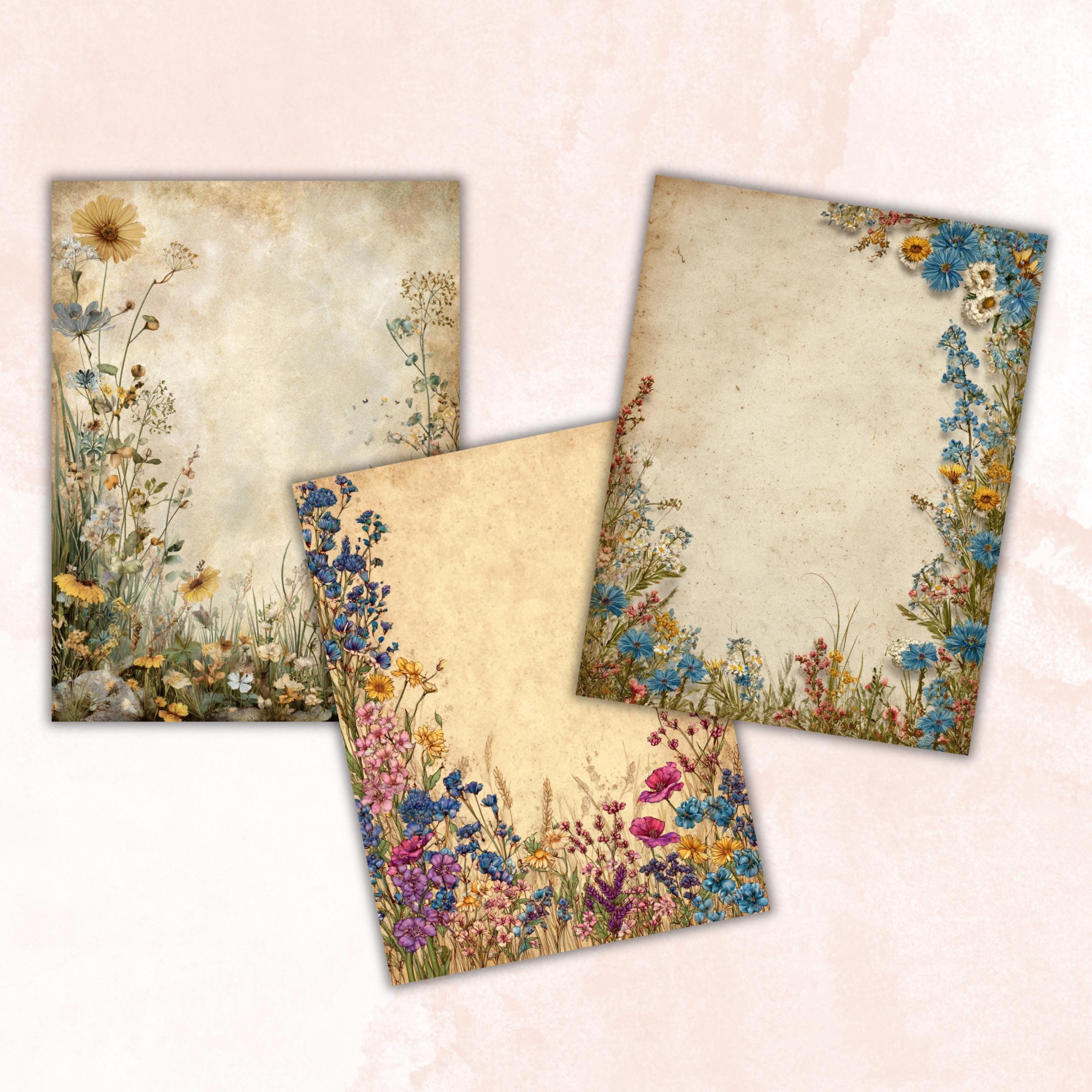 Wildflowers Border Junk Journal Pages, Floral Meadow Collage Paper, Spring Frame Backgrounds,  Garden Ephemera, Vintage Papers, Scrapbooking