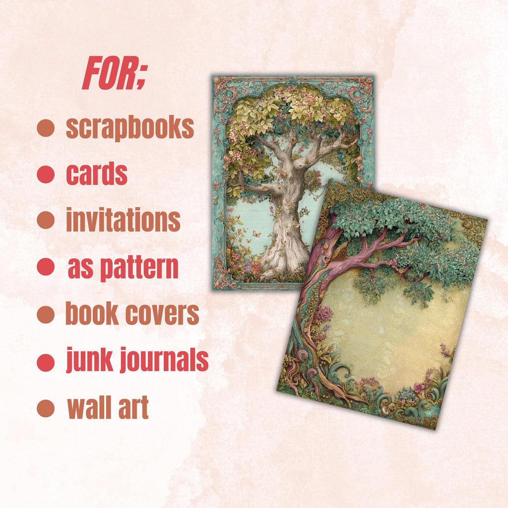 Magical Tree Junk Journal Pages, Enchanted Forest Backgrounds, Woodland Ephemera Collage Paper, Scrapbooking, Instant Printable Download