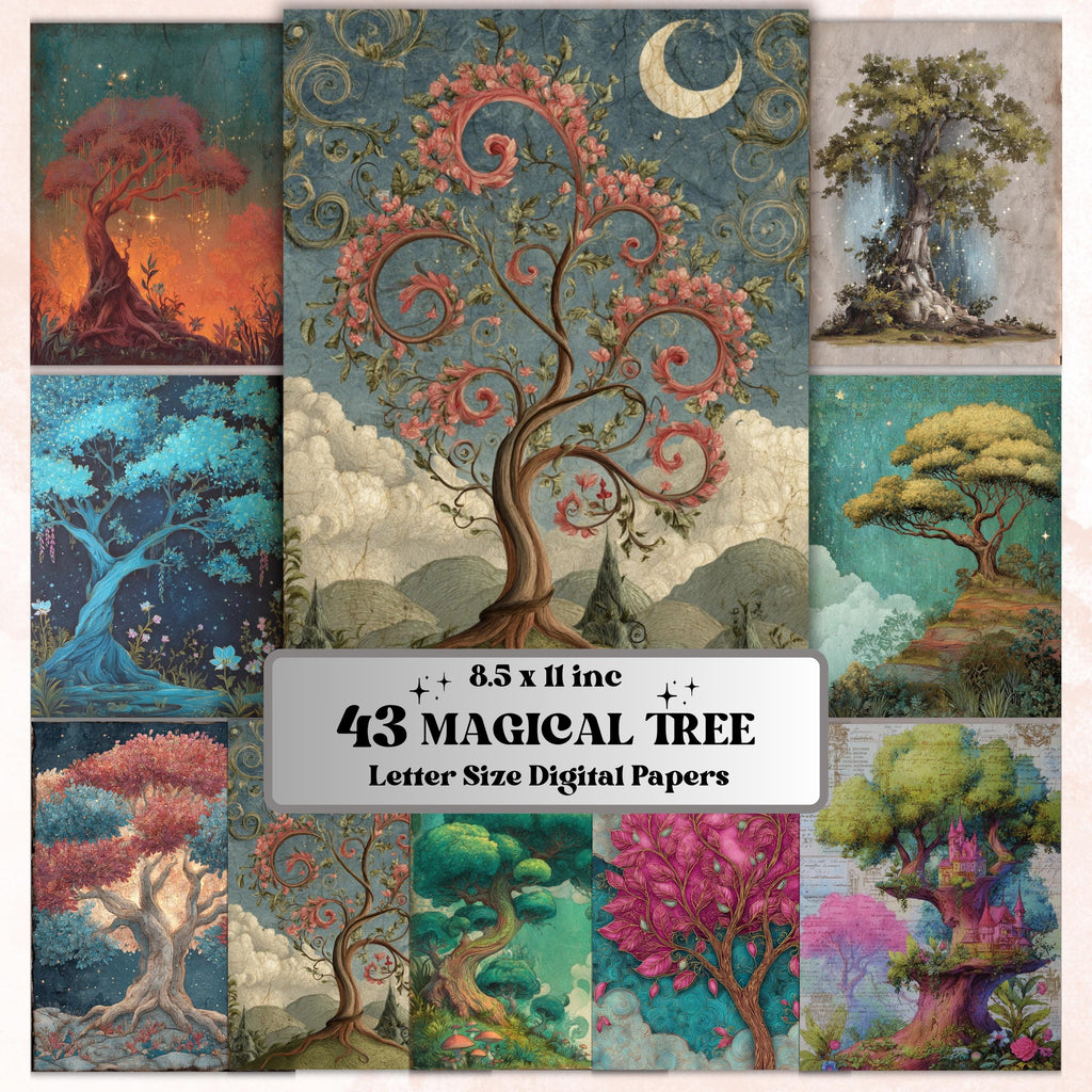 Magical Tree Junk Journal Pages, Enchanted Forest Backgrounds, Woodland Ephemera Collage Paper, Scrapbooking, Instant Printable Download