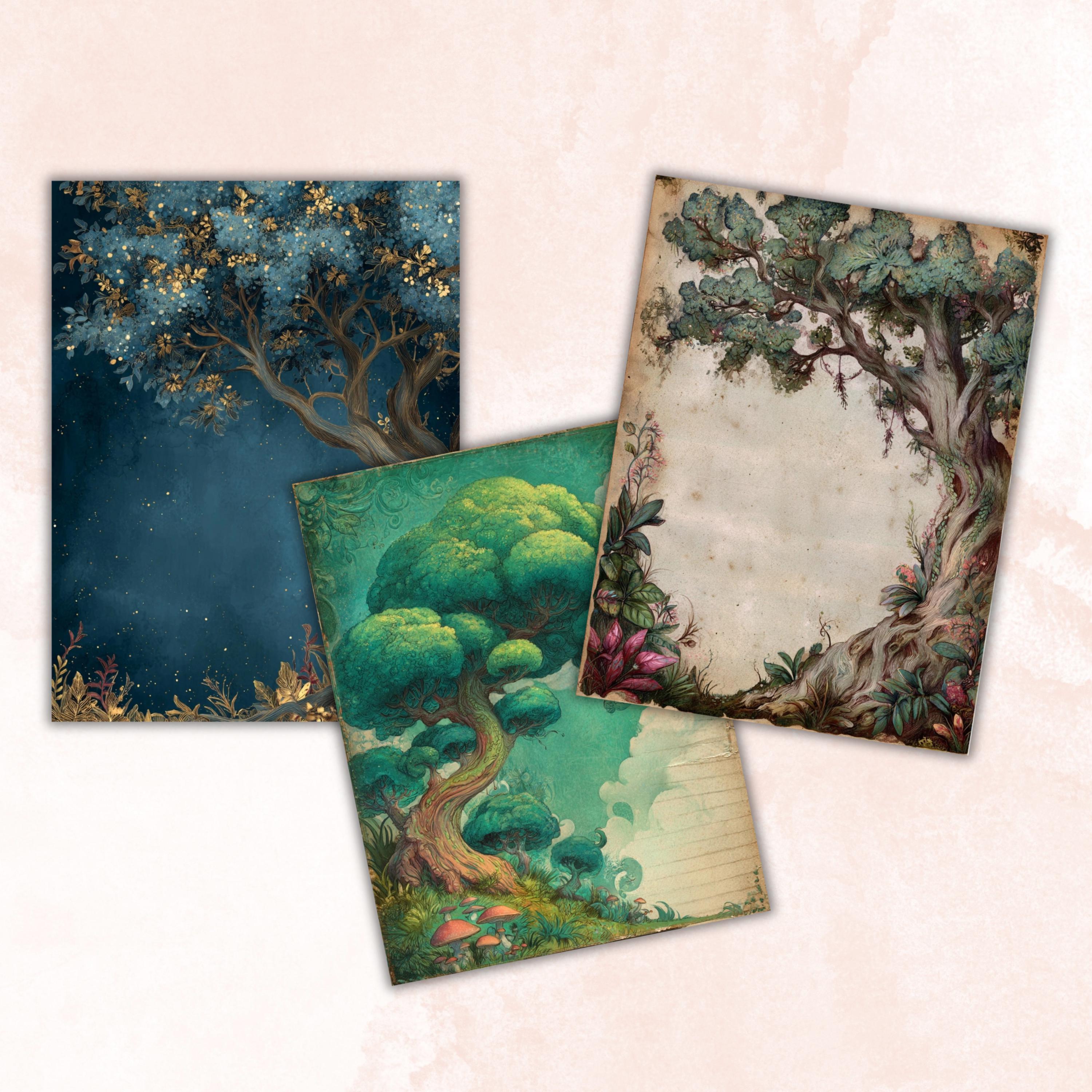 Magical Tree Junk Journal Pages, Enchanted Forest Backgrounds, Woodland Ephemera Collage Paper, Scrapbooking, Instant Printable Download