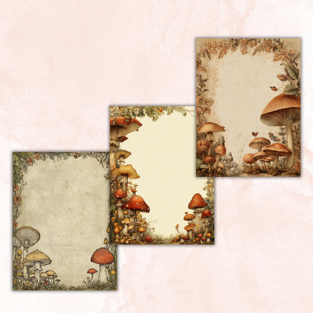 Mushroom Border Junk Journal Pages, Forest Frame Collage Paper, Fantasy Woodland Backgrounds, Garden Ephemera, Vintage Papers, Scrapbooking