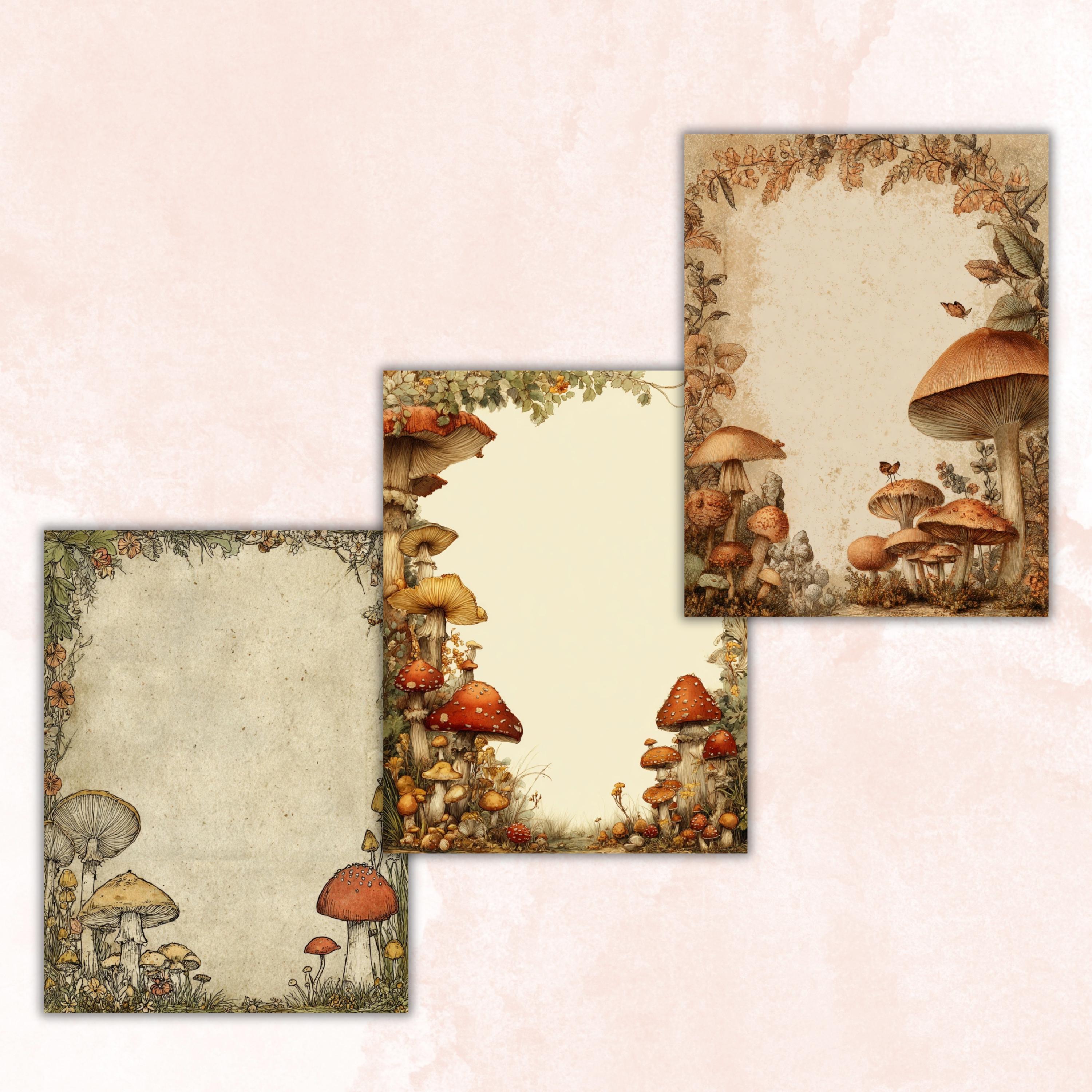 Mushroom Border Junk Journal Pages, Forest Frame Collage Paper, Fantasy Woodland Backgrounds, Garden Ephemera, Vintage Papers, Scrapbooking