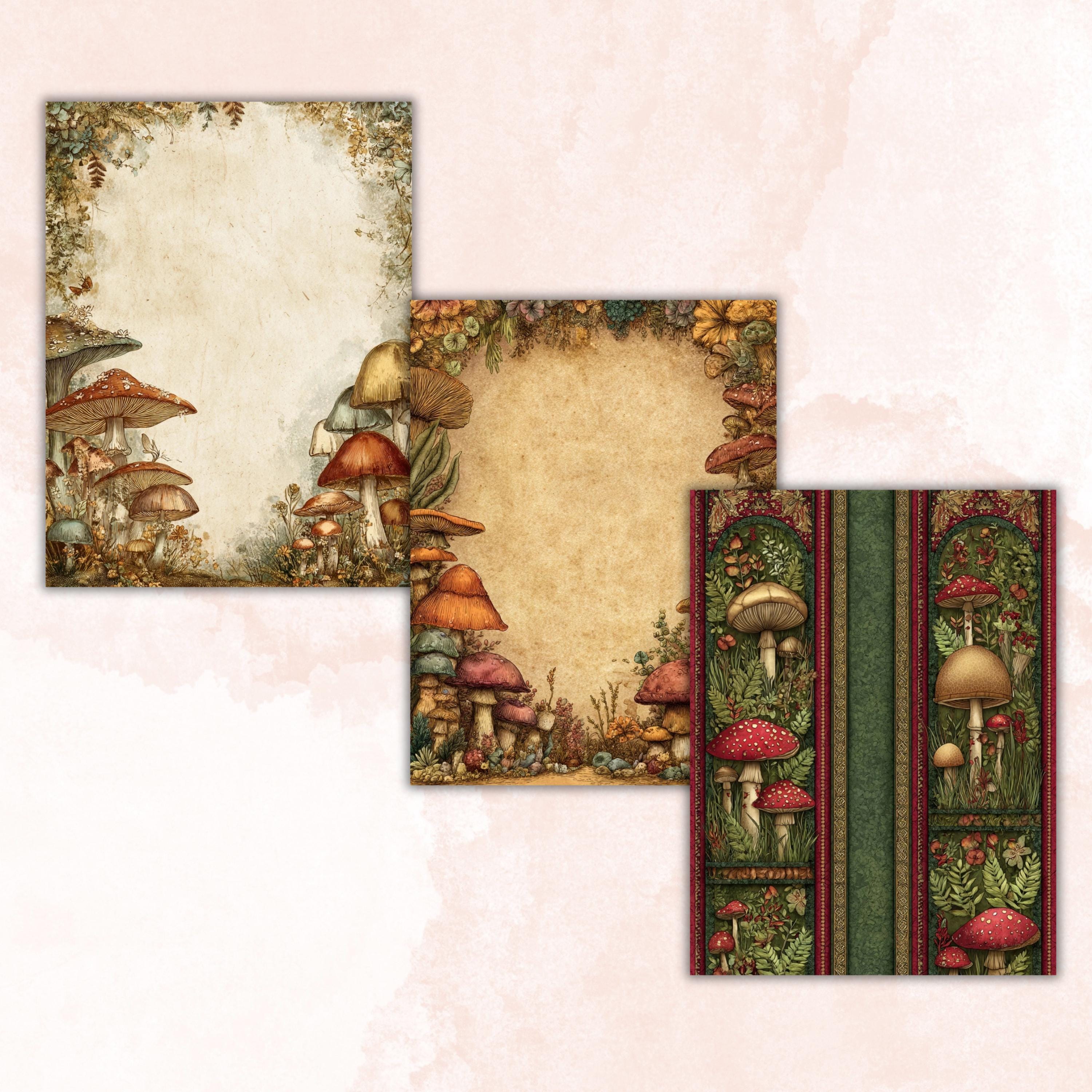 Mushroom Border Junk Journal Pages, Forest Frame Collage Paper, Fantasy Woodland Backgrounds, Garden Ephemera, Vintage Papers, Scrapbooking