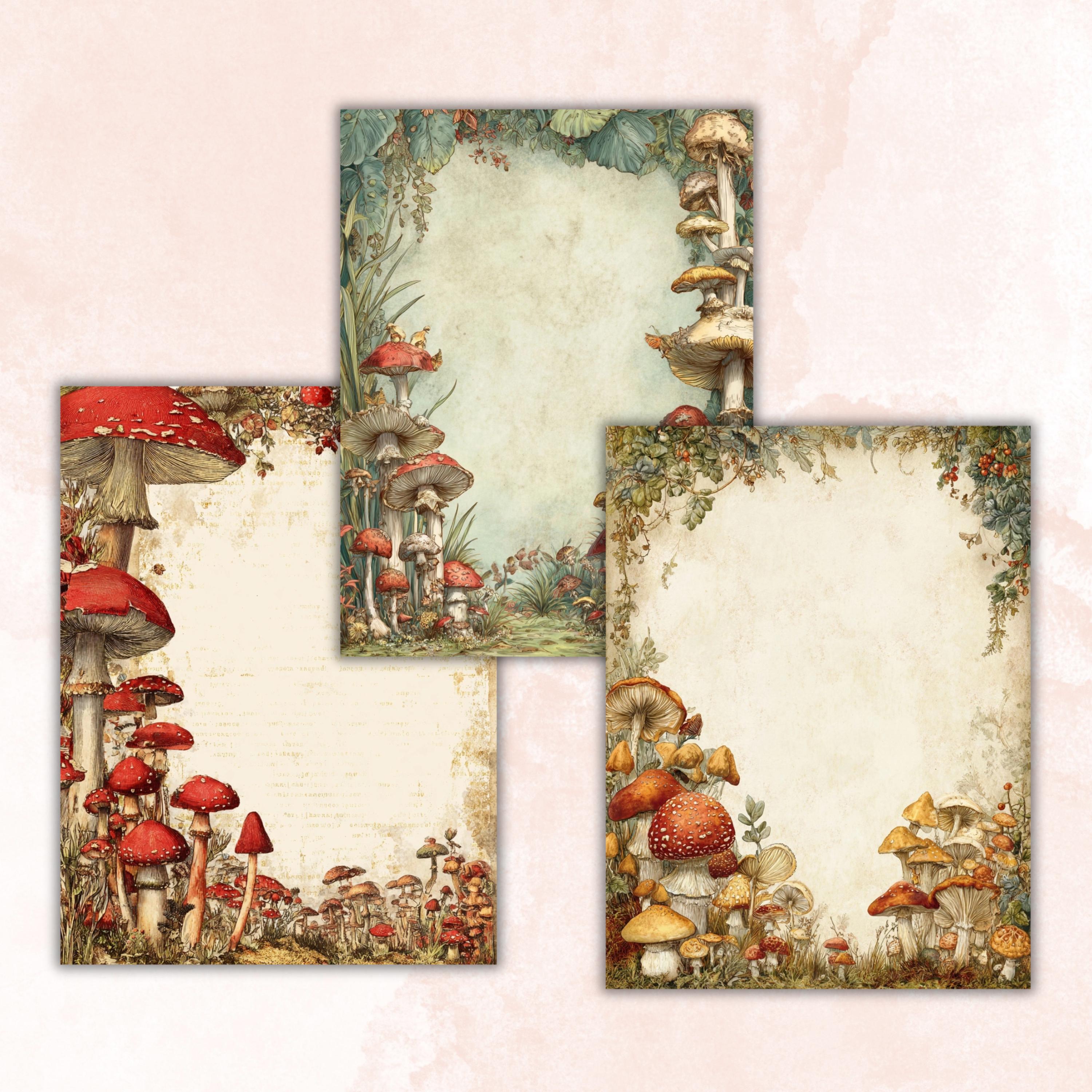 Mushroom Border Junk Journal Pages, Forest Frame Collage Paper, Fantasy Woodland Backgrounds, Garden Ephemera, Vintage Papers, Scrapbooking