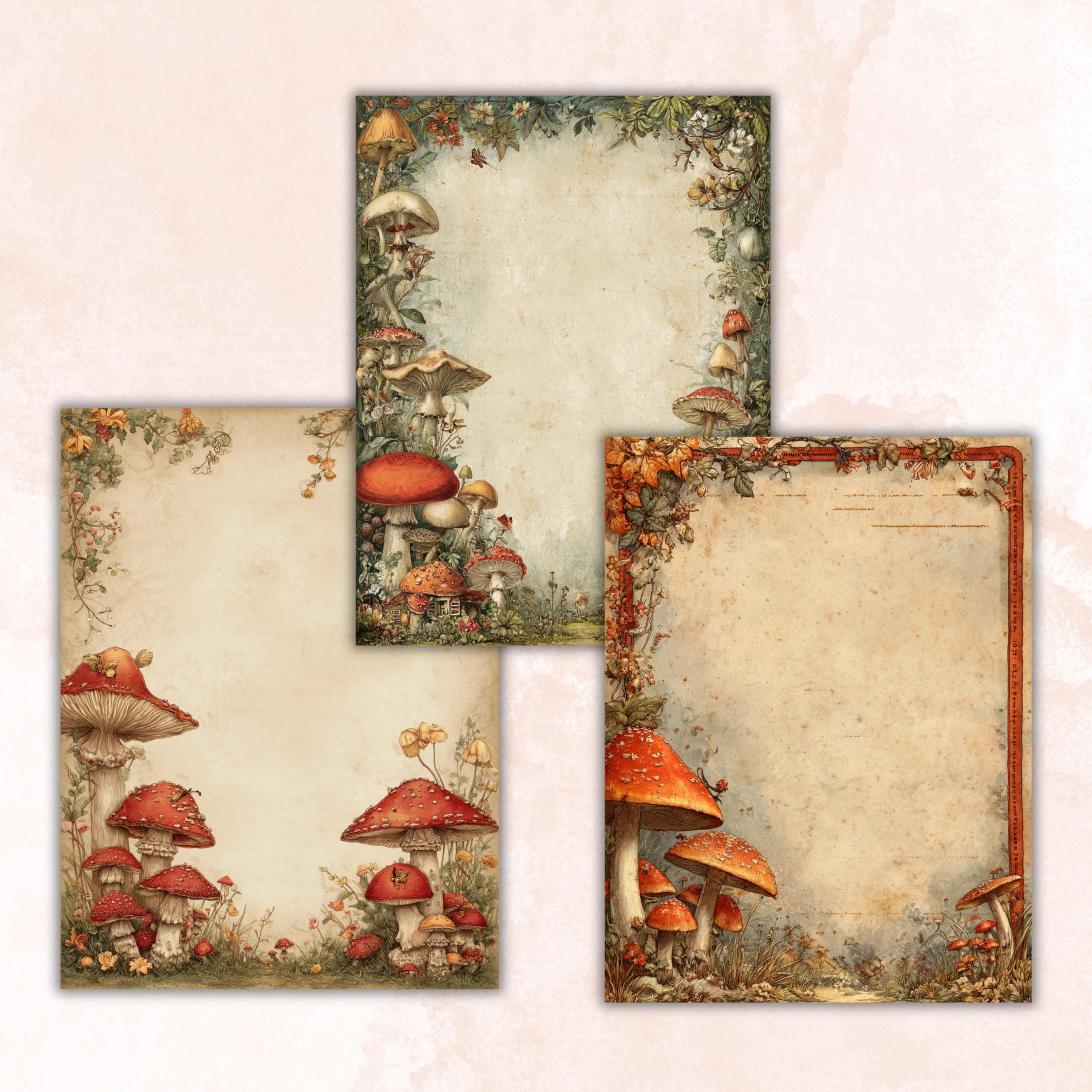Mushroom Border Junk Journal Pages, Forest Frame Collage Paper, Fantasy Woodland Backgrounds, Garden Ephemera, Vintage Papers, Scrapbooking