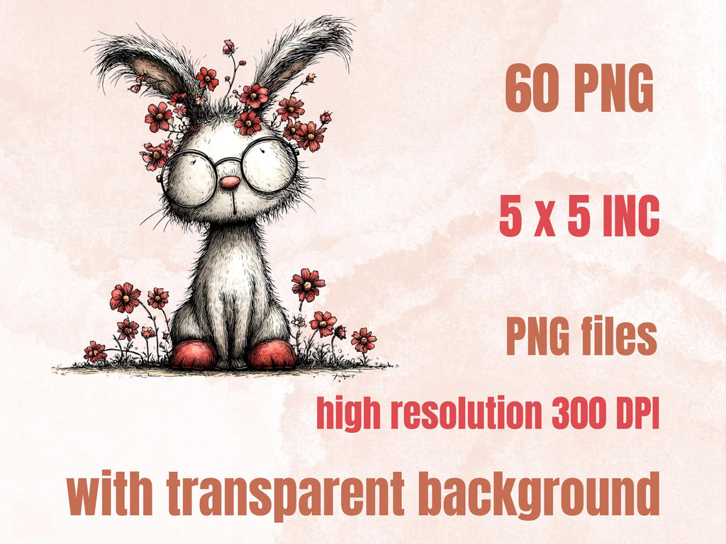 Whimsical Red Easter Clipart Bundle, Quirky Floral Spring Bunny PNG Illustrations (Digital Download, Commercial Use)