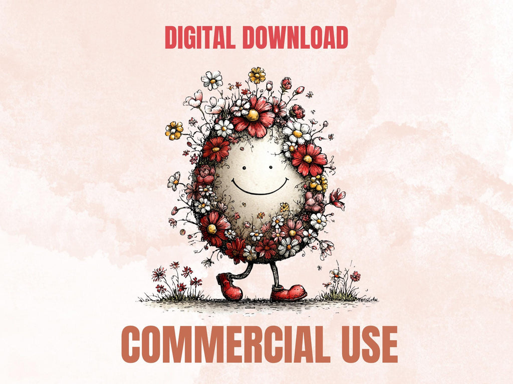 Whimsical Red Easter Clipart Bundle, Quirky Floral Spring Bunny PNG Illustrations (Digital Download, Commercial Use)