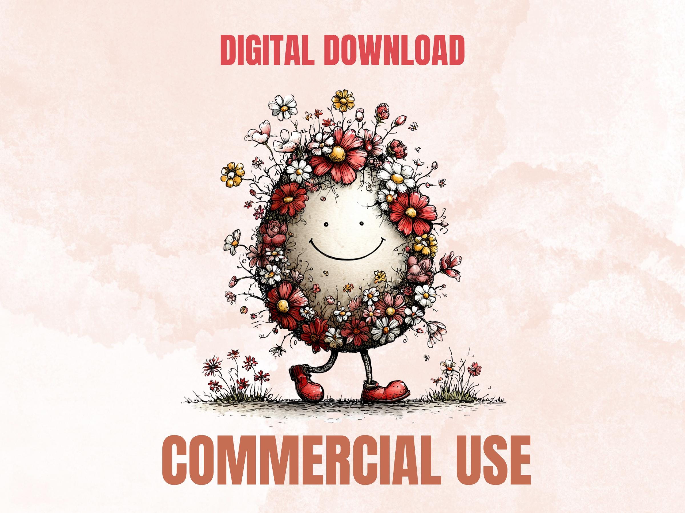 Whimsical Red Easter Clipart Bundle, Quirky Floral Spring Bunny PNG Illustrations (Digital Download, Commercial Use)